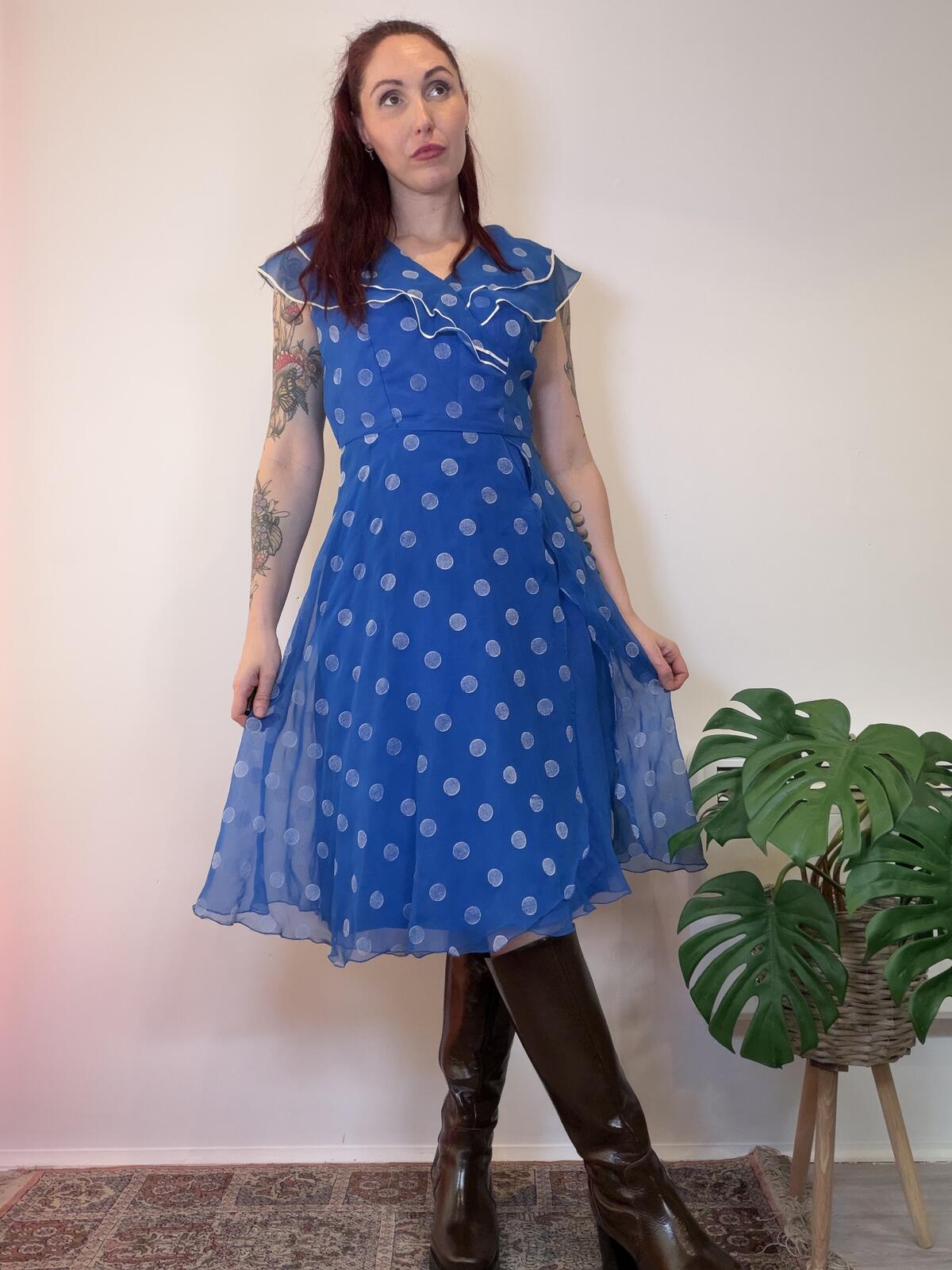 Vintage 1980s Party Dress Blue Polka Dot Midi Dress with Ruffled Collar Size 12