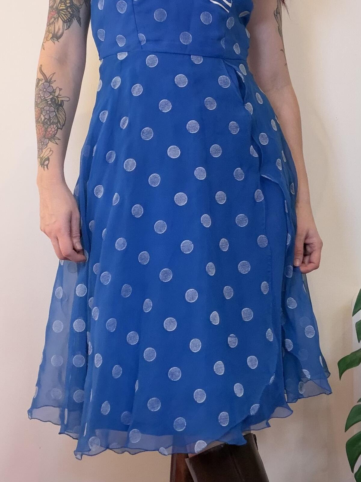 Vintage 1980s Party Dress Blue Polka Dot Midi Dress with Ruffled Collar Size 12