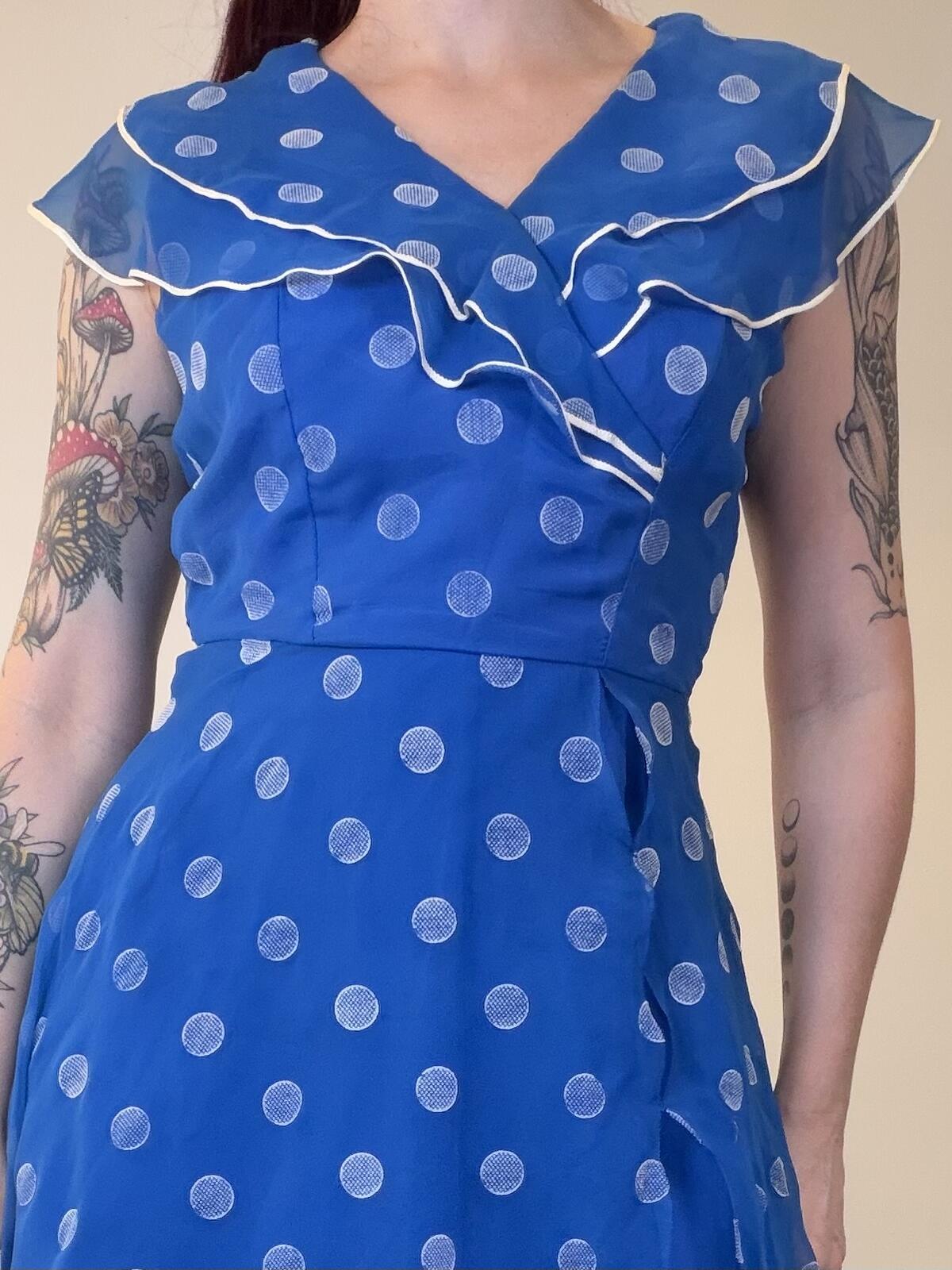 Vintage 1980s Party Dress Blue Polka Dot Midi Dress with Ruffled Collar Size 12