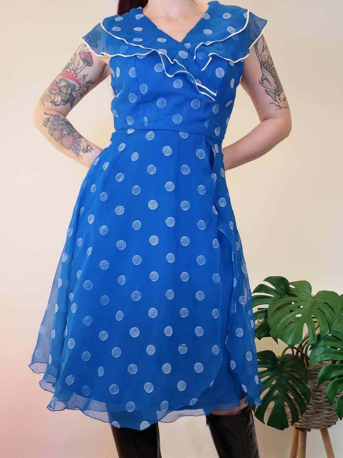 Vintage 1980s Party Dress Blue Polka Dot Midi Dress with Ruffled Collar Size 12