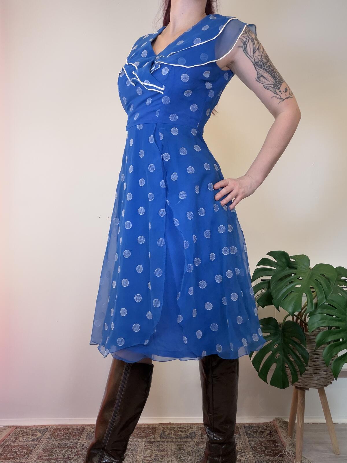 Vintage 1980s Party Dress Blue Polka Dot Midi Dress with Ruffled Collar Size 12