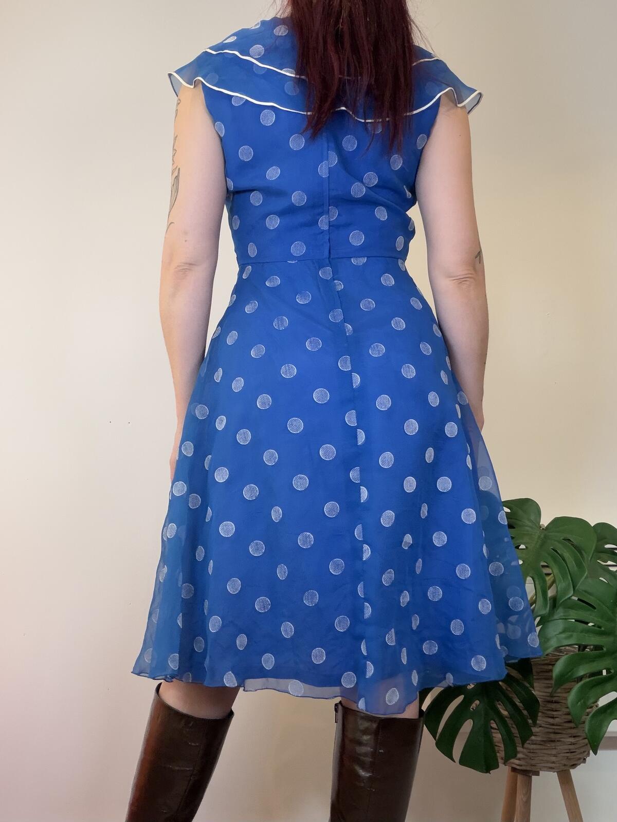 Vintage 1980s Party Dress Blue Polka Dot Midi Dress with Ruffled Collar Size 12