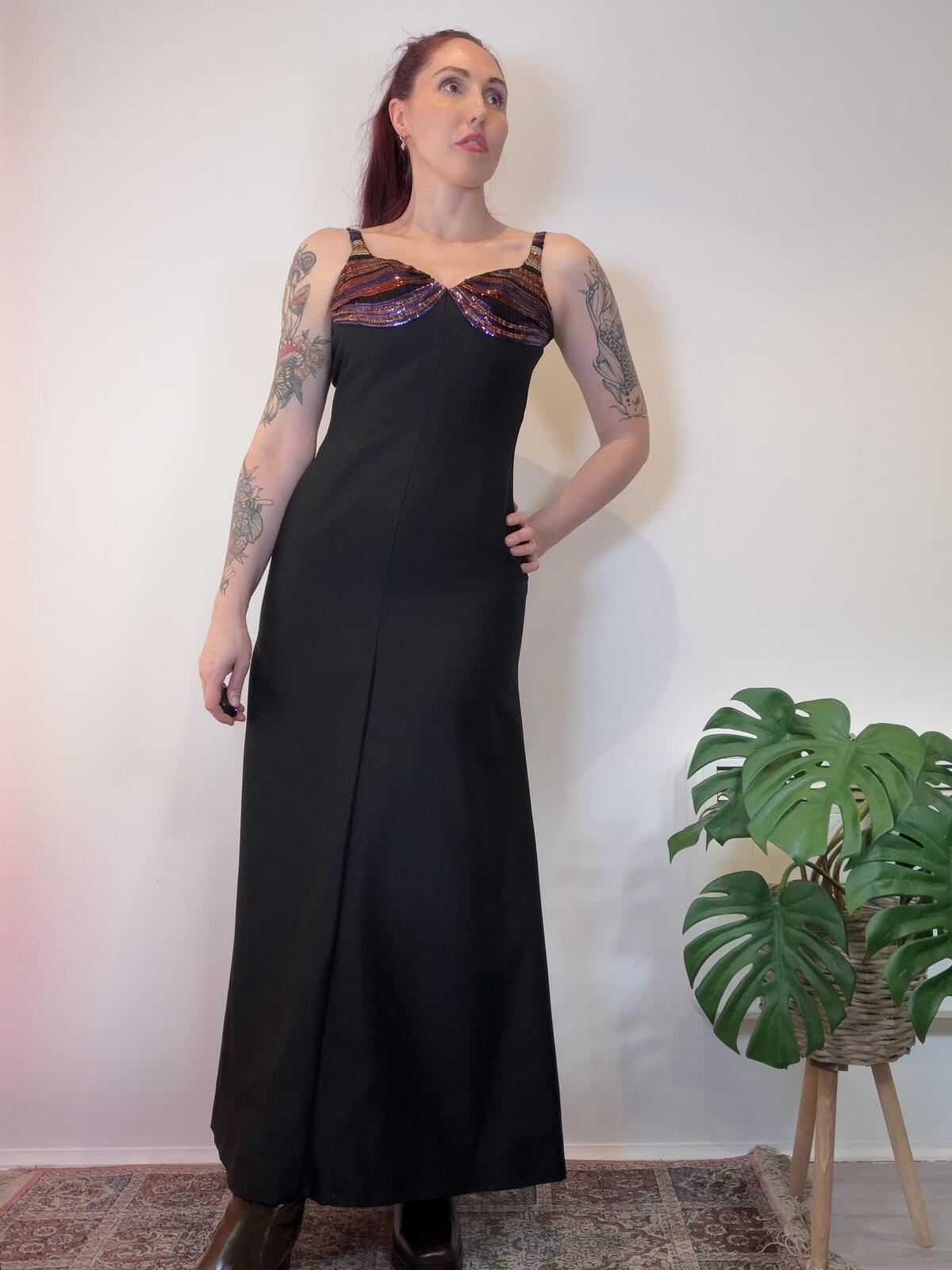 Vintage 1980s cocktail Dress Black Maxi Dress with Sequin Detail Bust Size 8