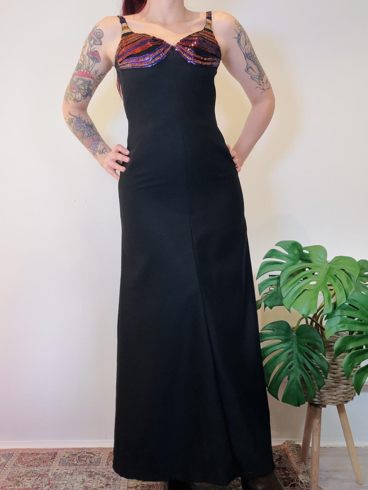 Vintage 1980s cocktail Dress Black Maxi Dress with Sequin Detail Bust Size 8