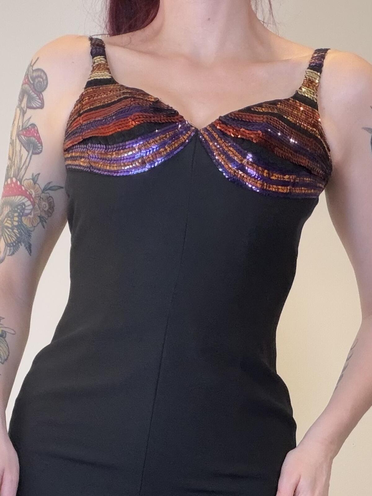 Vintage 1980s cocktail Dress Black Maxi Dress with Sequin Detail Bust Size 8