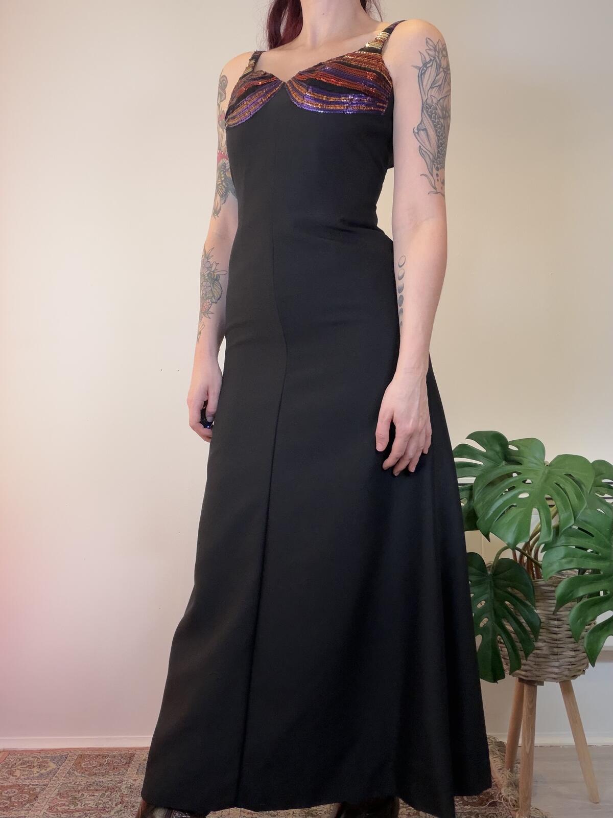 Vintage 1980s cocktail Dress Black Maxi Dress with Sequin Detail Bust Size 8