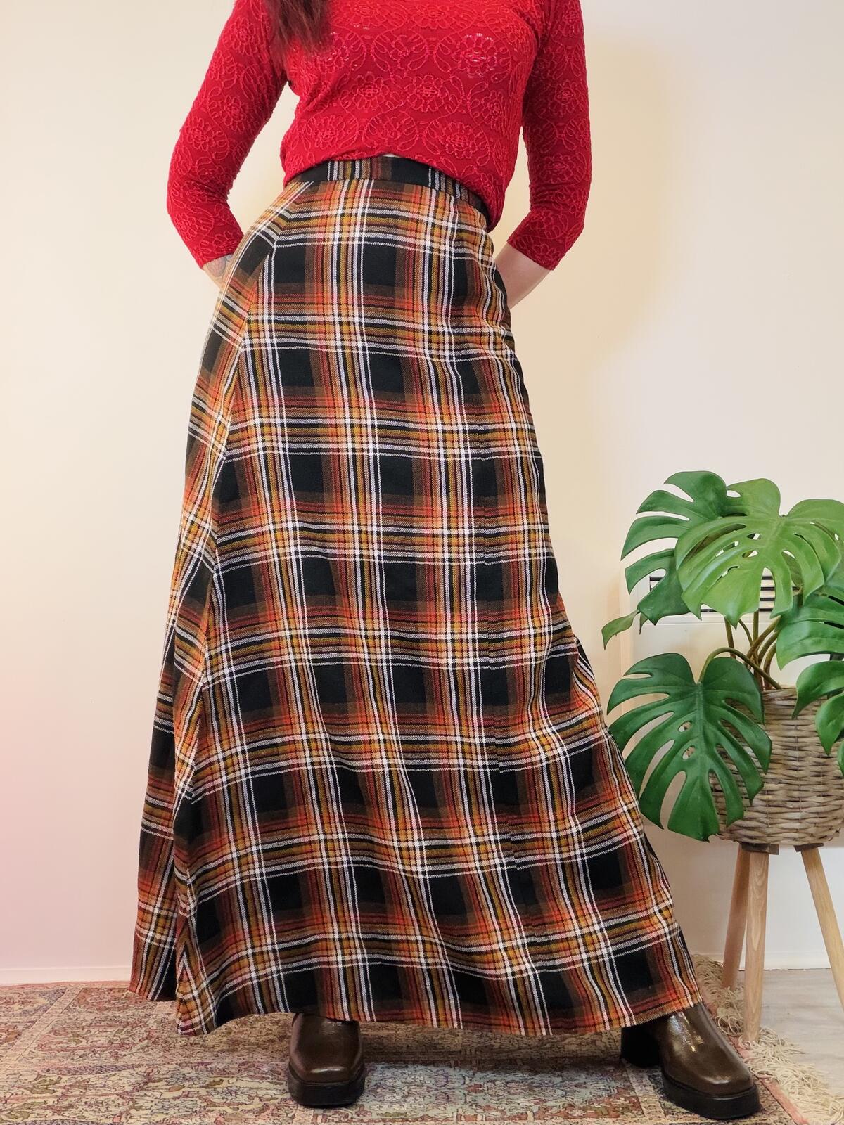 Vintage 1970s Tartan Skirt Long Plaid Maxi Skirt in Autumnal Tones Size 10