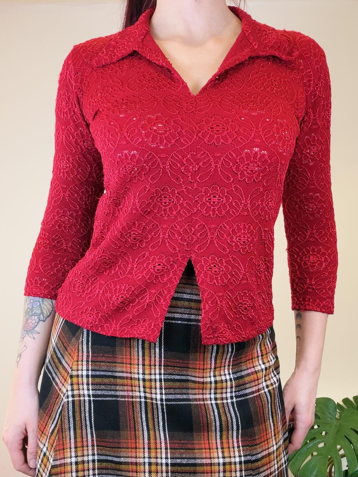 Vintage Y2k Red Lace Blouse Collared 3/4 Sleeve Top with Front Slit Size 10