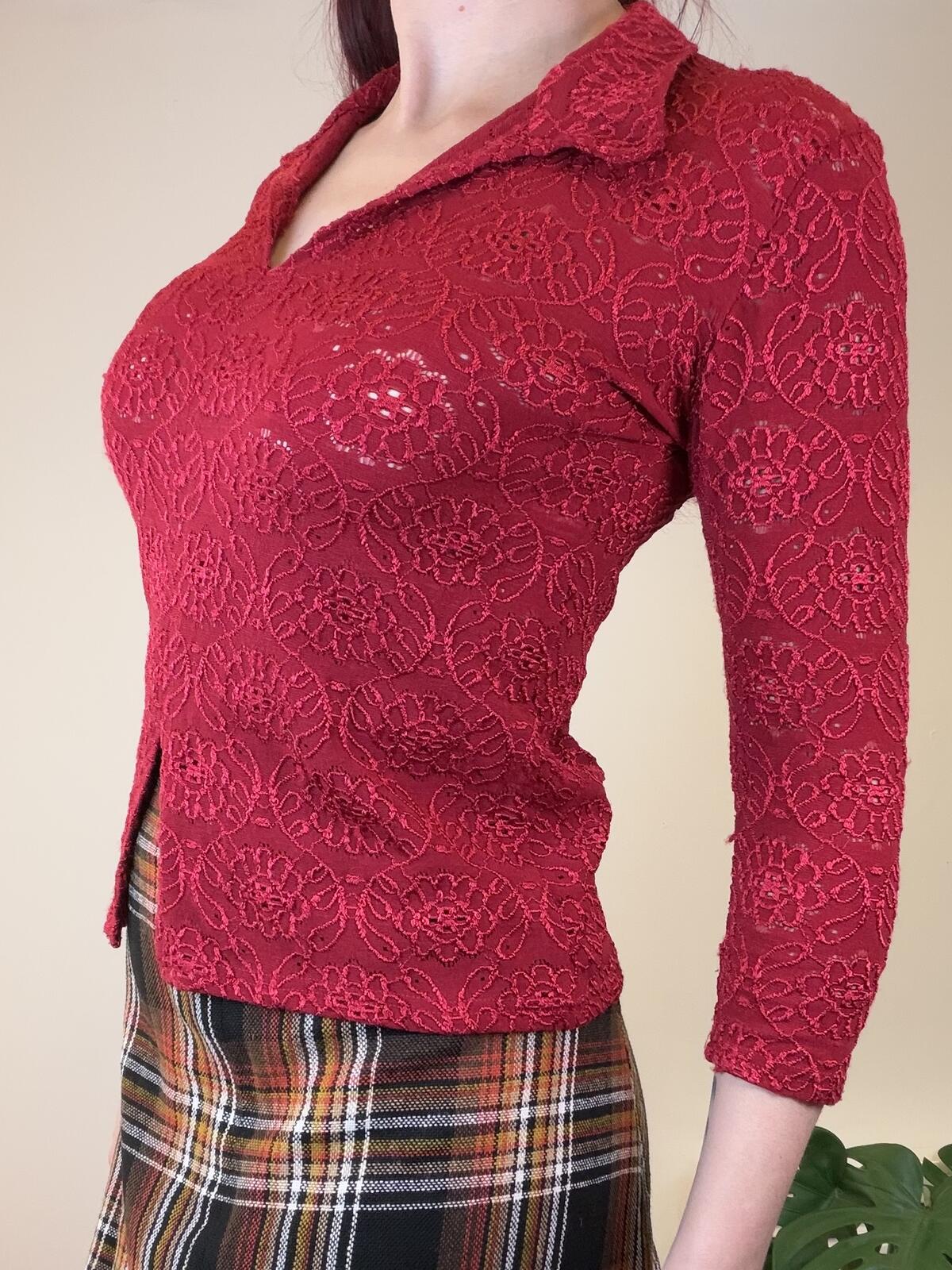 Vintage Y2k Red Lace Blouse Collared 3/4 Sleeve Top with Front Slit Size 10