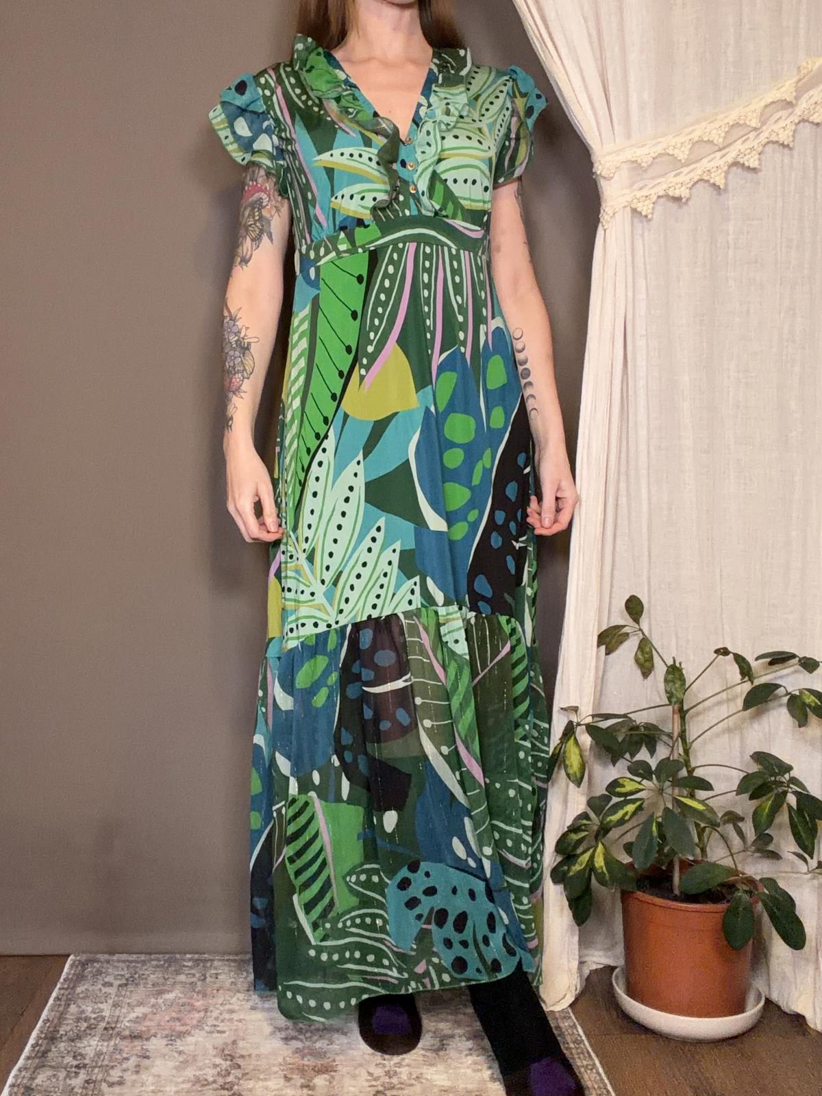 Hippie Boho Maxi Dress Green Blue Leaf Print long summer holiday Dress size 16