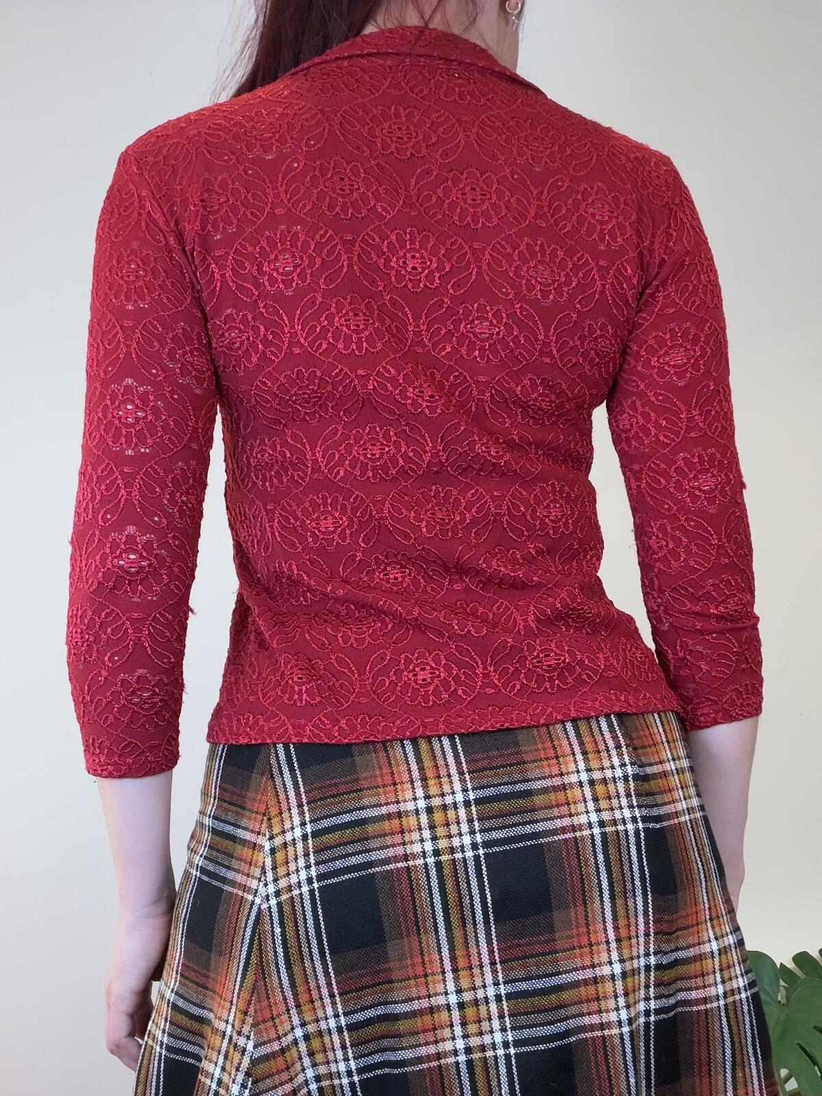Vintage Y2k Red Lace Blouse Collared 3/4 Sleeve Top with Front Slit Size 10
