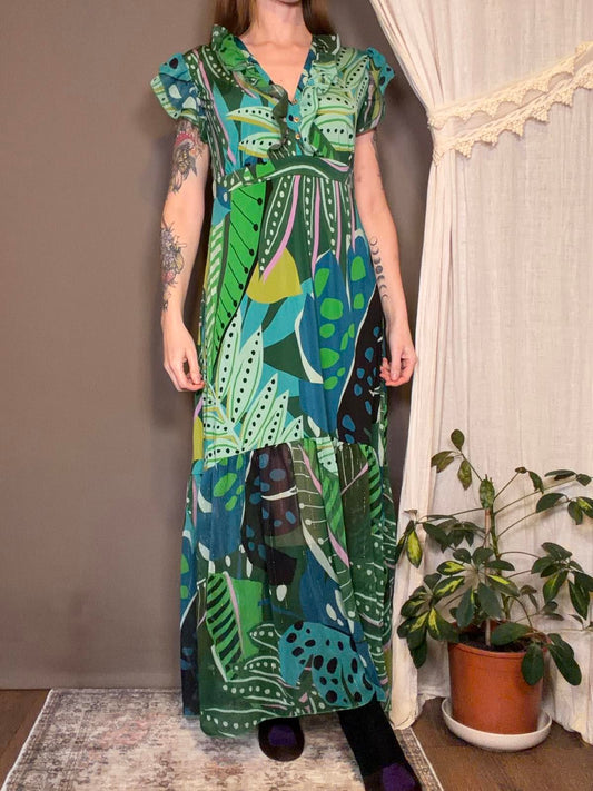 Hippie Boho Maxi Dress Green Blue Leaf Print long summer holiday Dress size 16