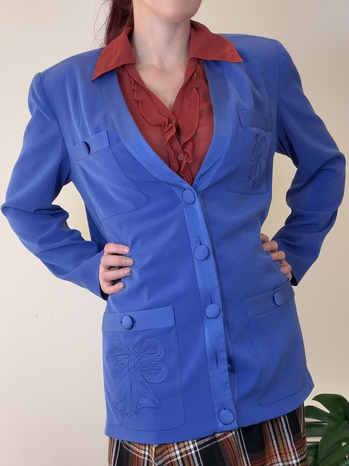 Vintage 1980s Jacket Blue Longline Blazer with Embroidered Pockets Size 12