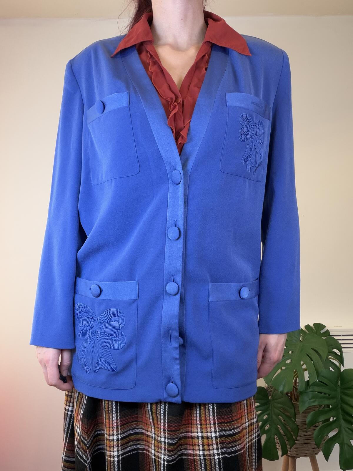 Vintage 1980s Jacket Blue Longline Blazer with Embroidered Pockets Size 12