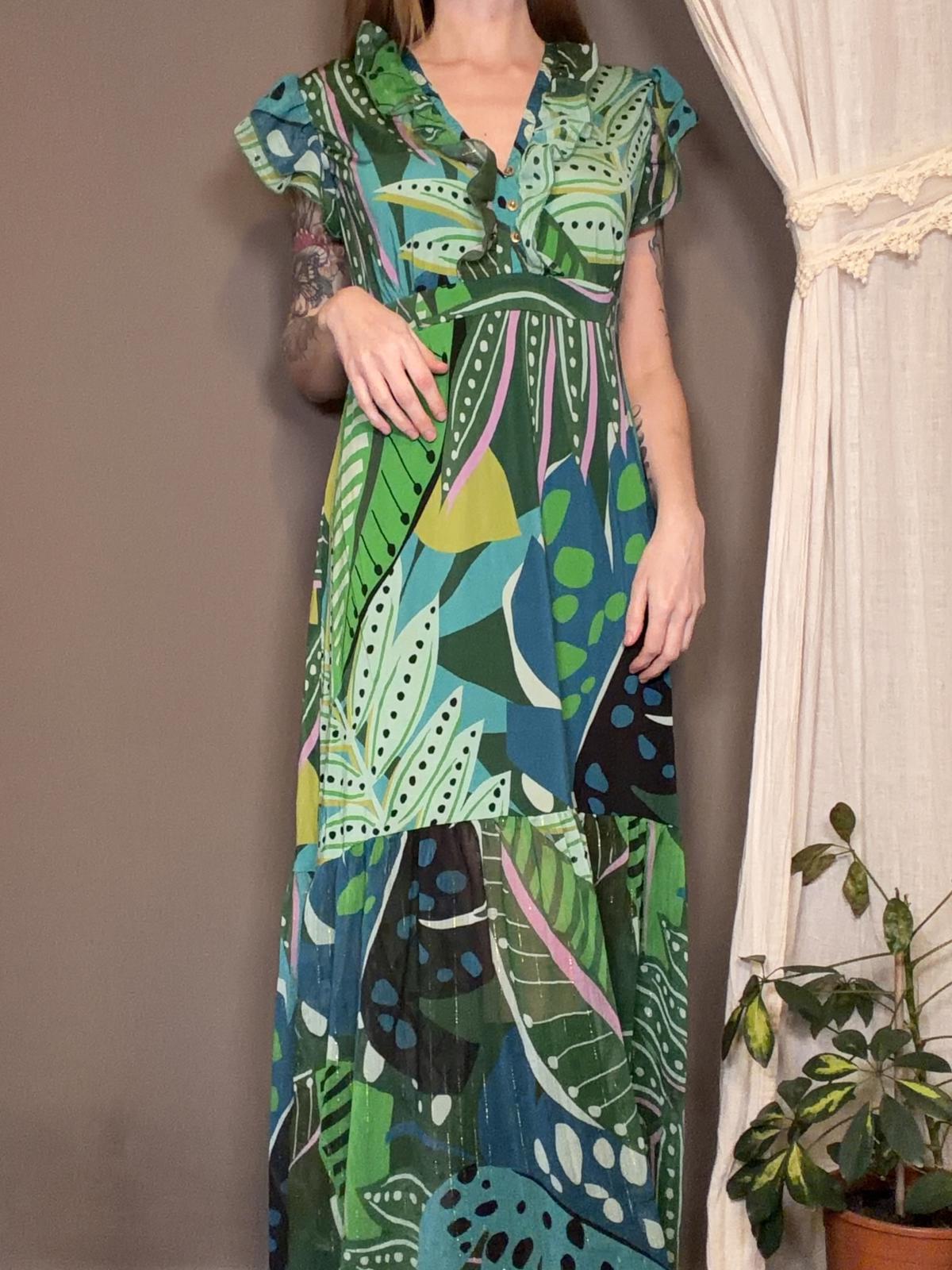 Hippie Boho Maxi Dress Green Blue Leaf Print long summer holiday Dress size 16