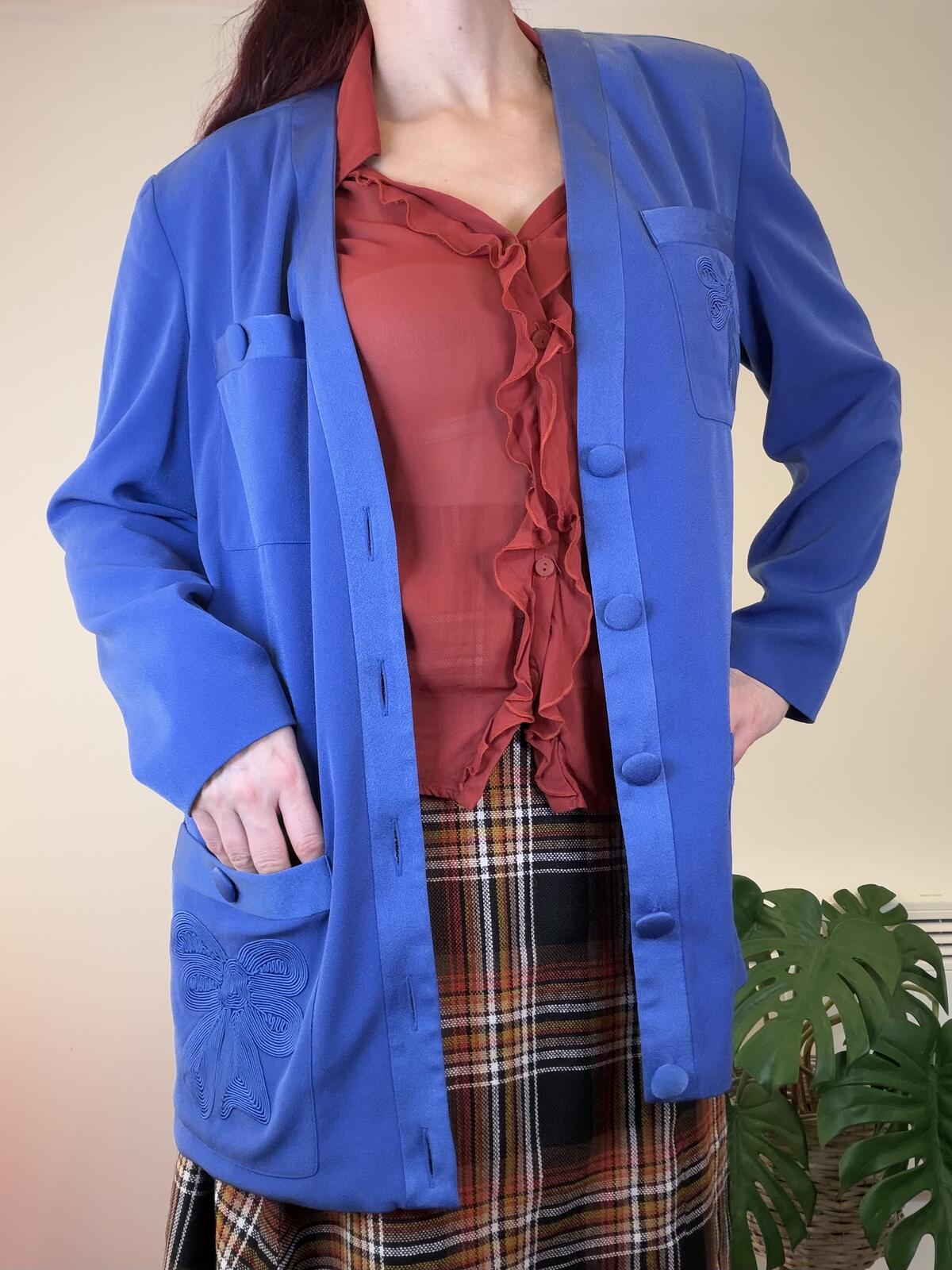 Vintage 1980s Jacket Blue Longline Blazer with Embroidered Pockets Size 12