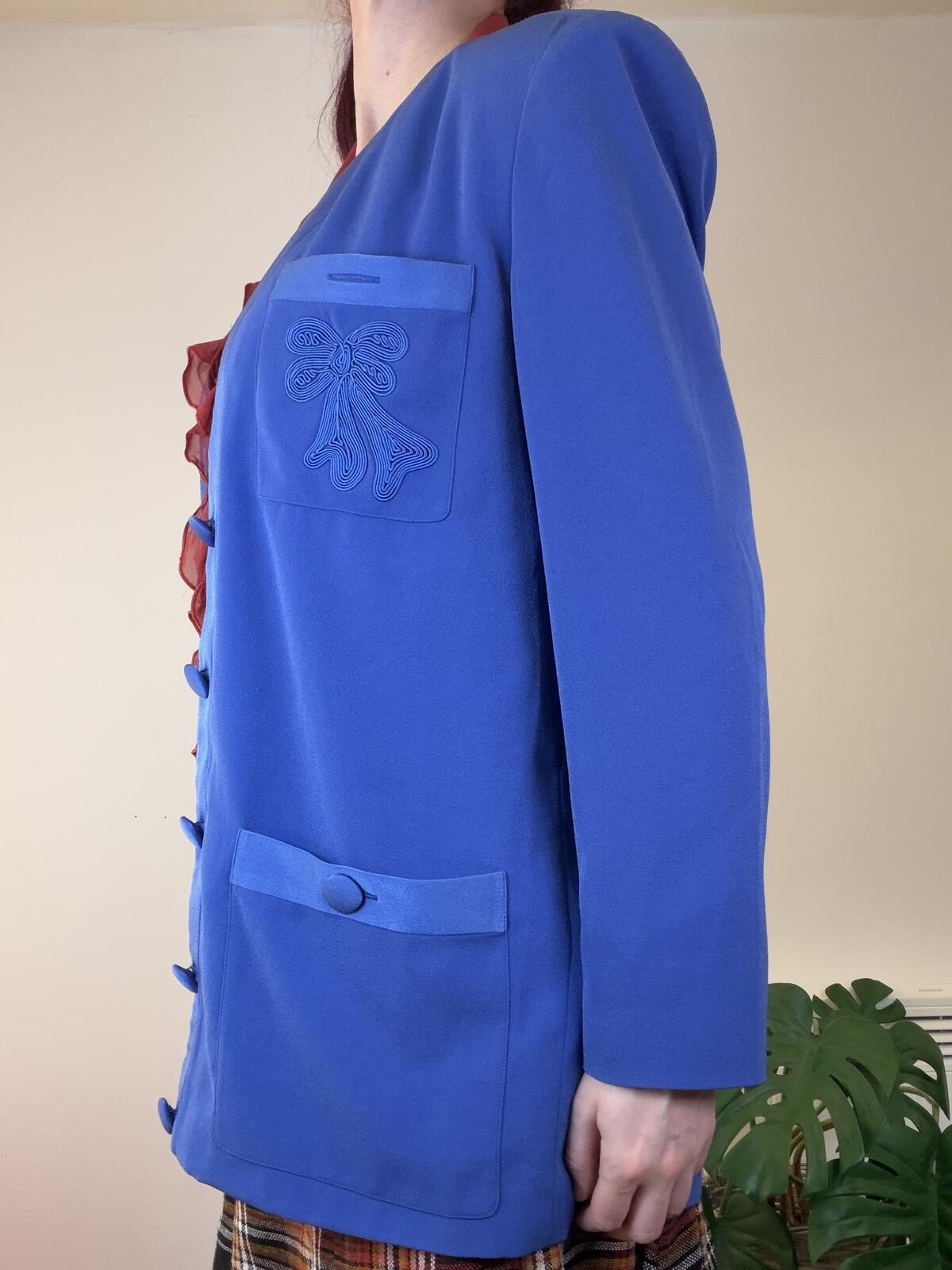 Vintage 1980s Jacket Blue Longline Blazer with Embroidered Pockets Size 12