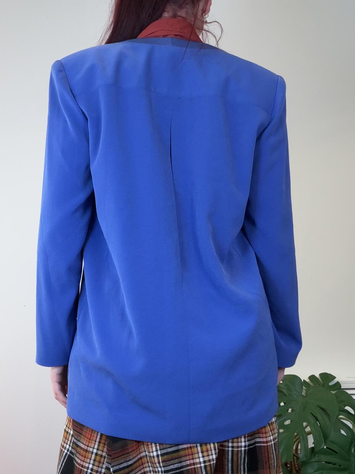 Vintage 1980s Jacket Blue Longline Blazer with Embroidered Pockets Size 12