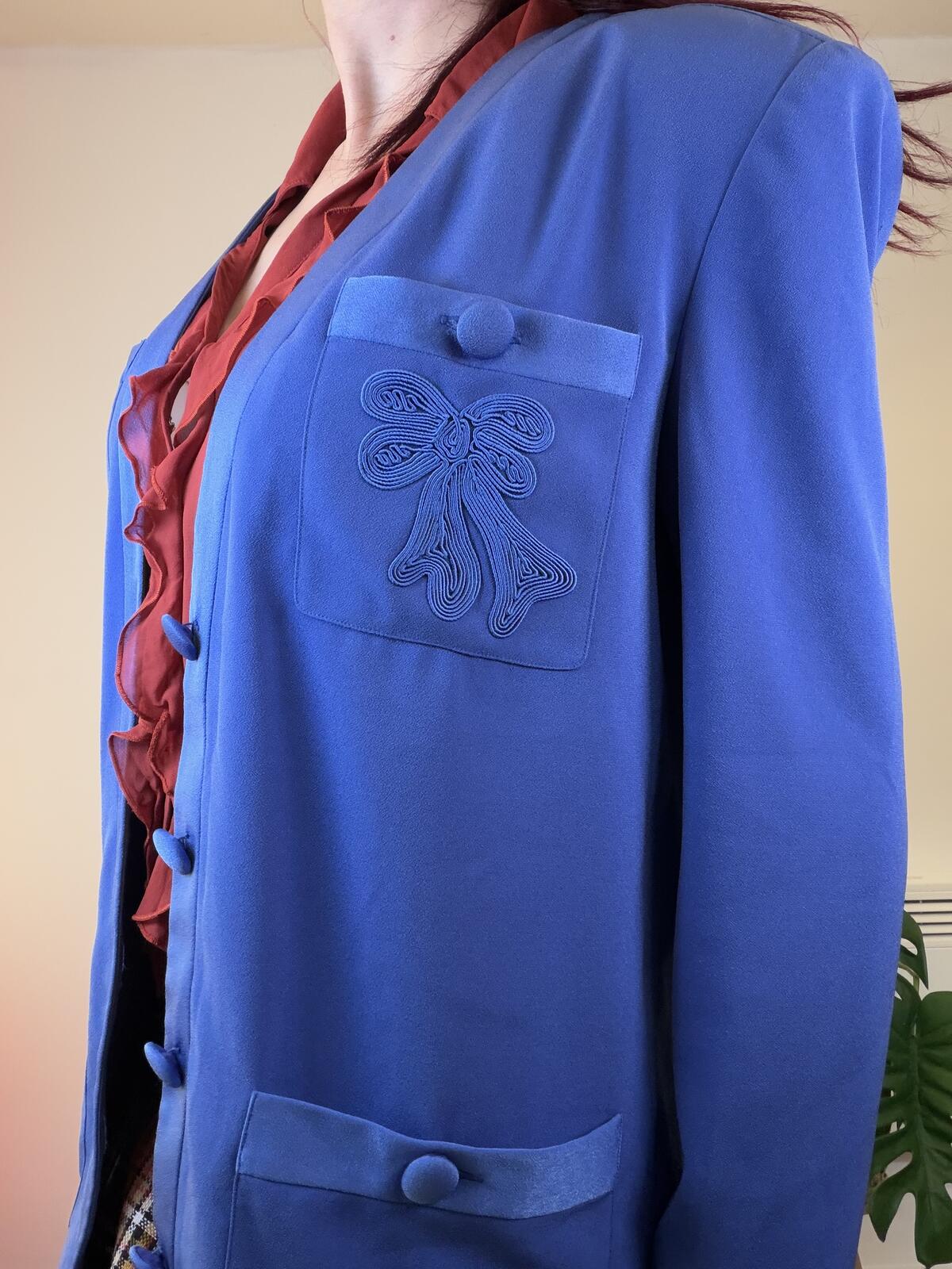 Vintage 1980s Jacket Blue Longline Blazer with Embroidered Pockets Size 12