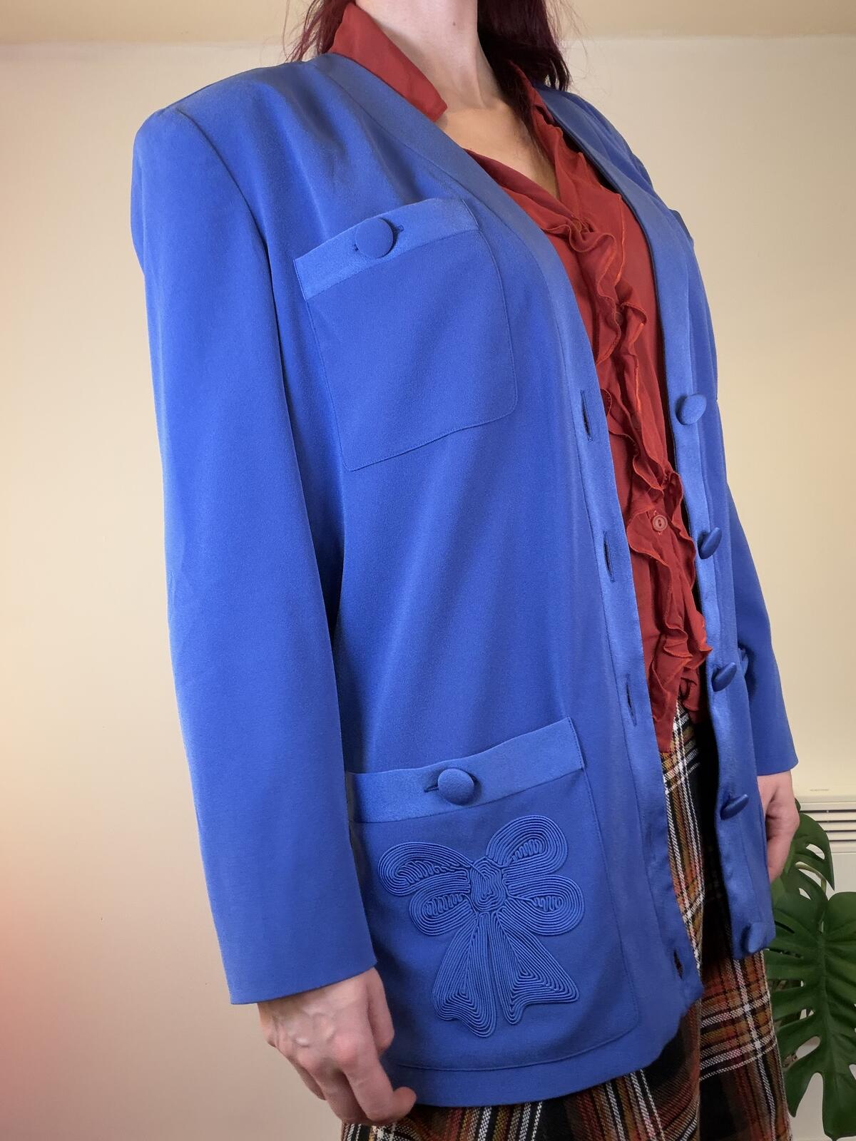 Vintage 1980s Jacket Blue Longline Blazer with Embroidered Pockets Size 12