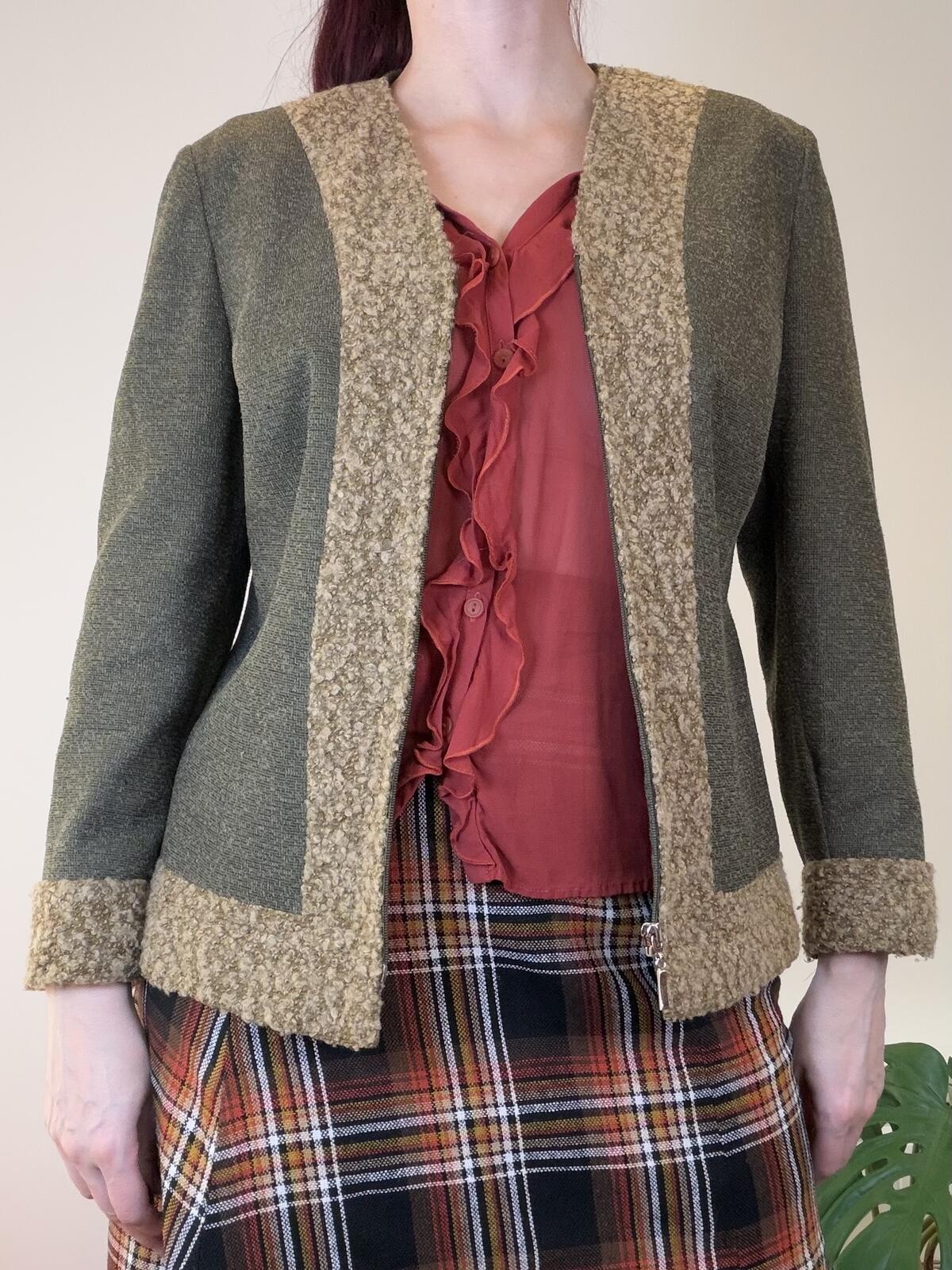 Vintage Y2K Blazer Olive Green and Beige Textured Trim Jacket Size 8 to 10