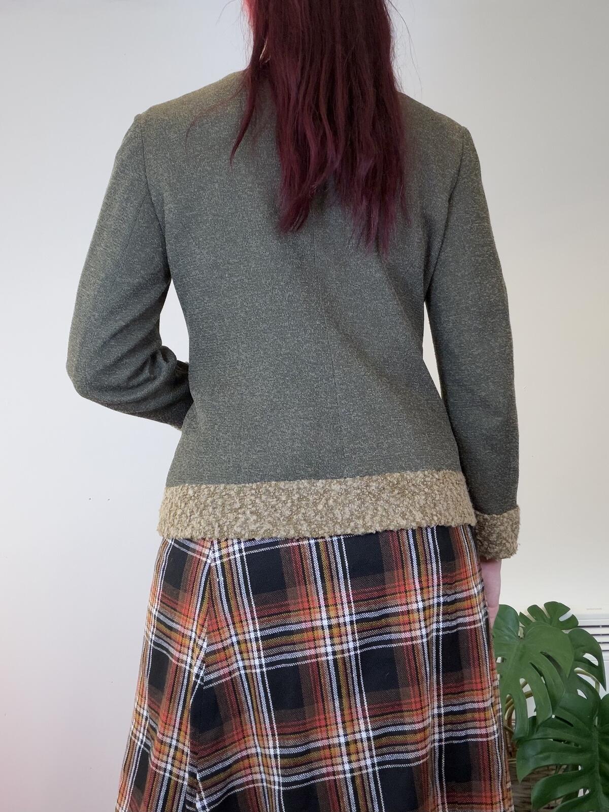 Vintage Y2K Blazer Olive Green and Beige Textured Trim Jacket Size 8 to 10