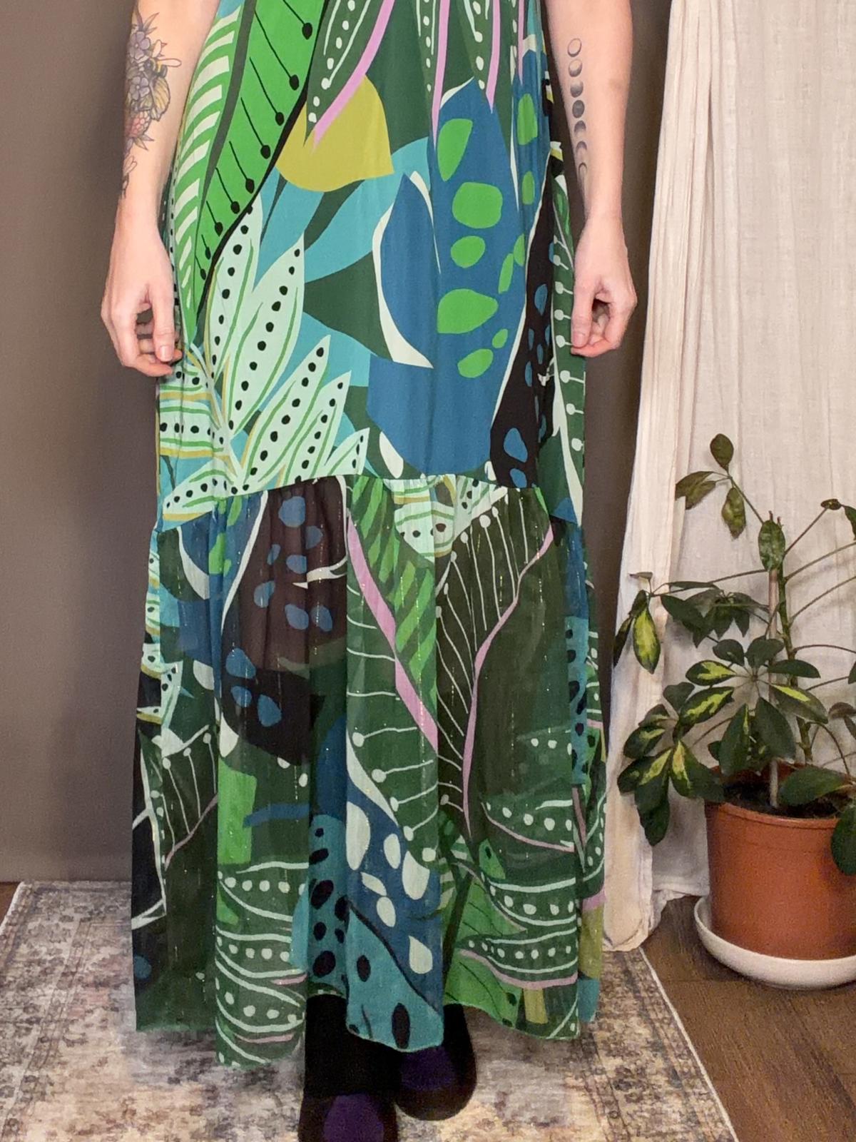 Hippie Boho Maxi Dress Green Blue Leaf Print long summer holiday Dress size 16