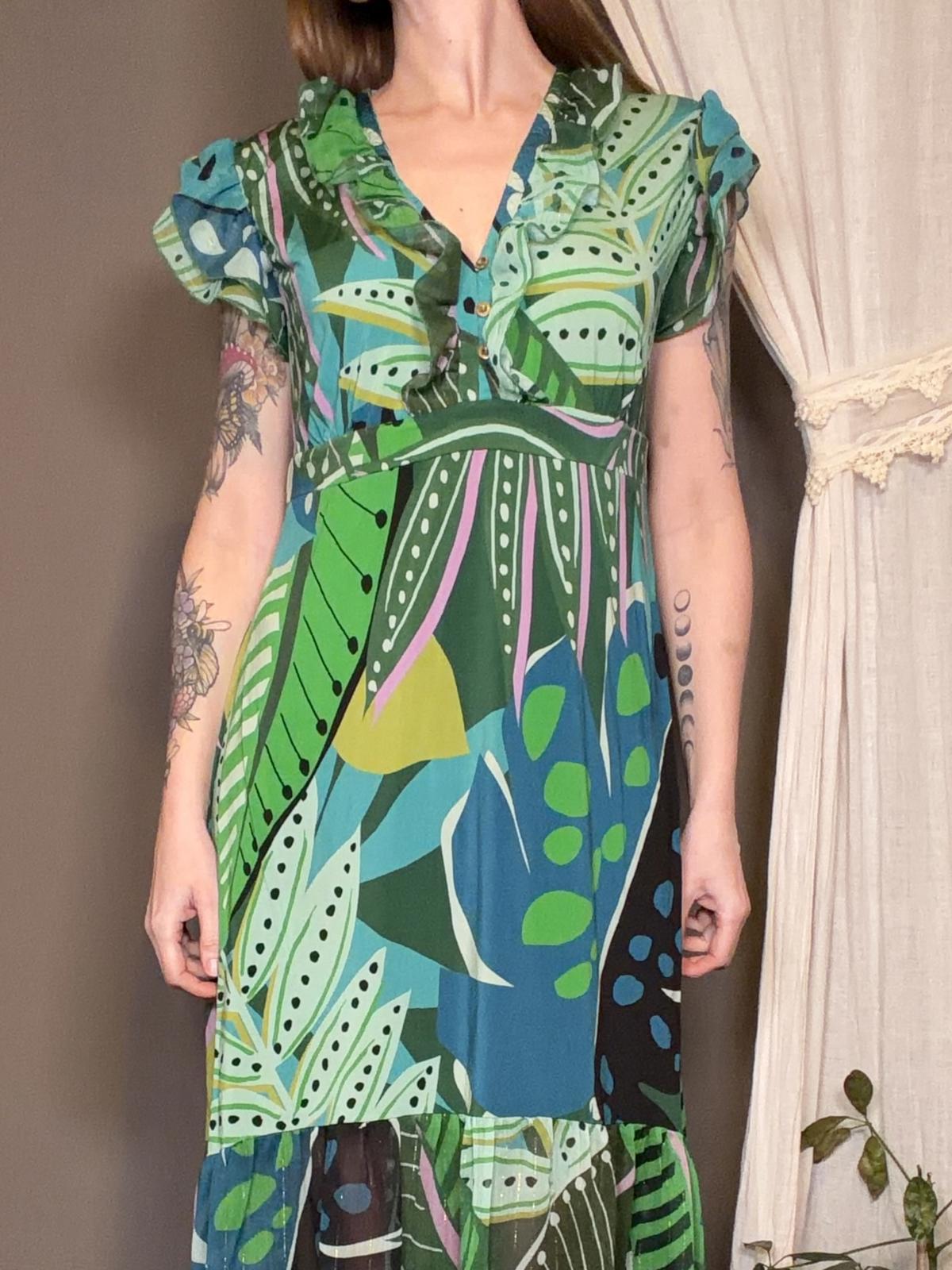 Hippie Boho Maxi Dress Green Blue Leaf Print long summer holiday Dress size 16