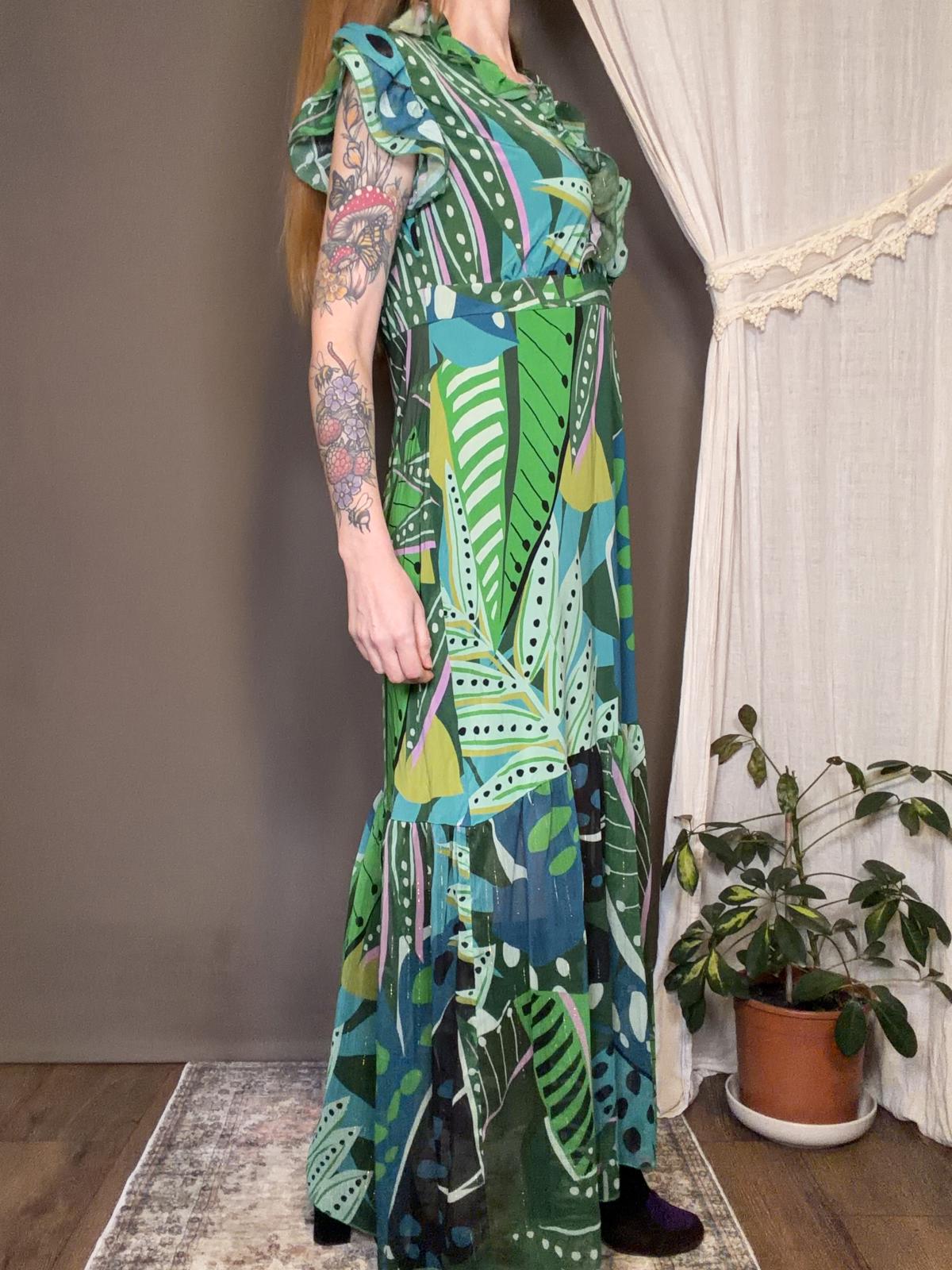 Hippie Boho Maxi Dress Green Blue Leaf Print long summer holiday Dress size 16