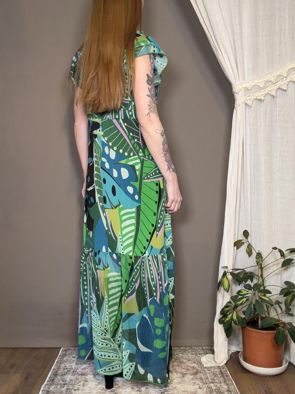 Hippie Boho Maxi Dress Green Blue Leaf Print long summer holiday Dress size 16