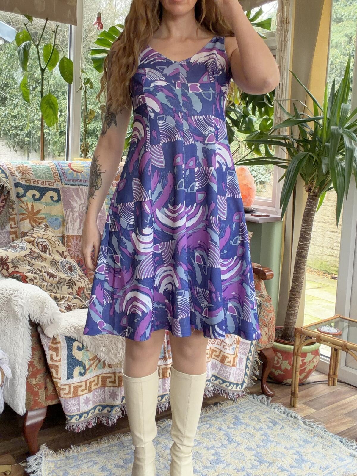 Vintage 1960s Mini Dress Size 12 Summer Sleeveless Purple Patterned A Line Dress