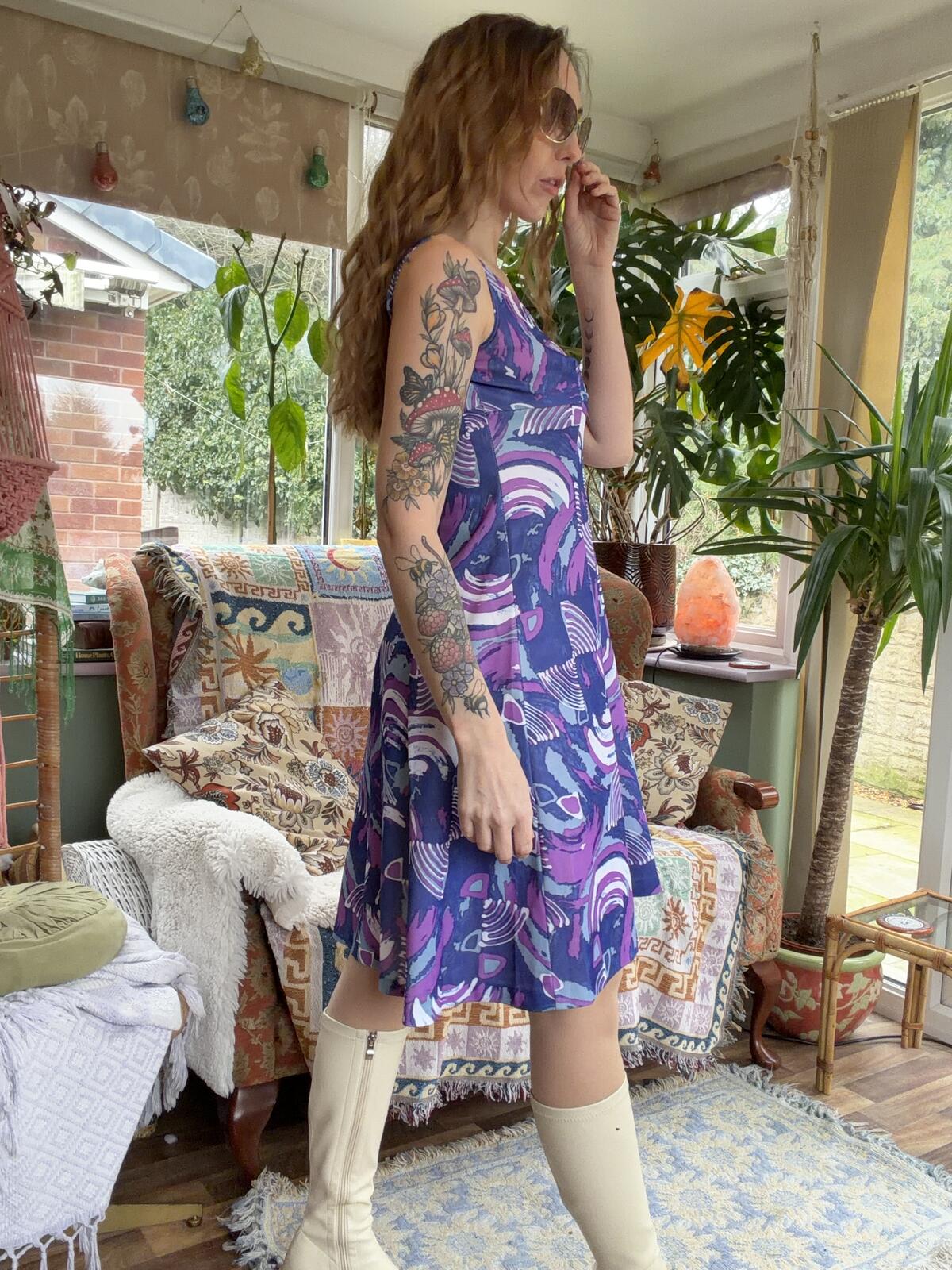 Vintage 1960s Mini Dress Size 12 Summer Sleeveless Purple Patterned A Line Dress