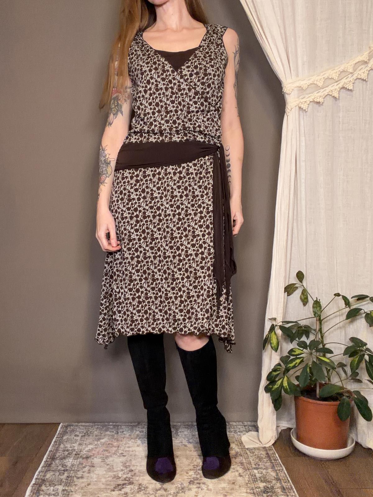 Vintage Y2K Summer Dress with Low Tie Waist Brown Cream Midi Dress Size 12