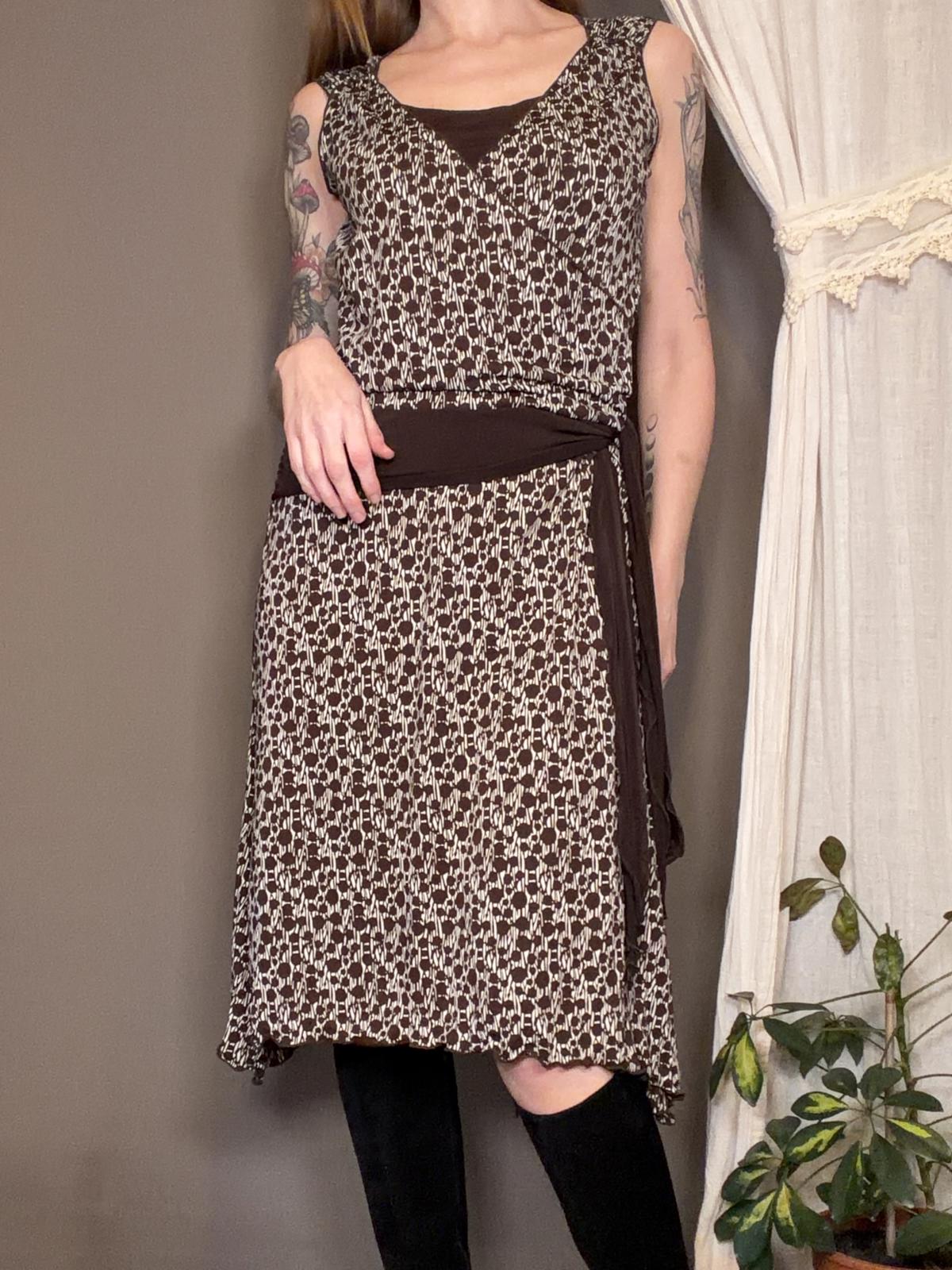 Vintage Y2K Summer Dress with Low Tie Waist Brown Cream Midi Dress Size 12
