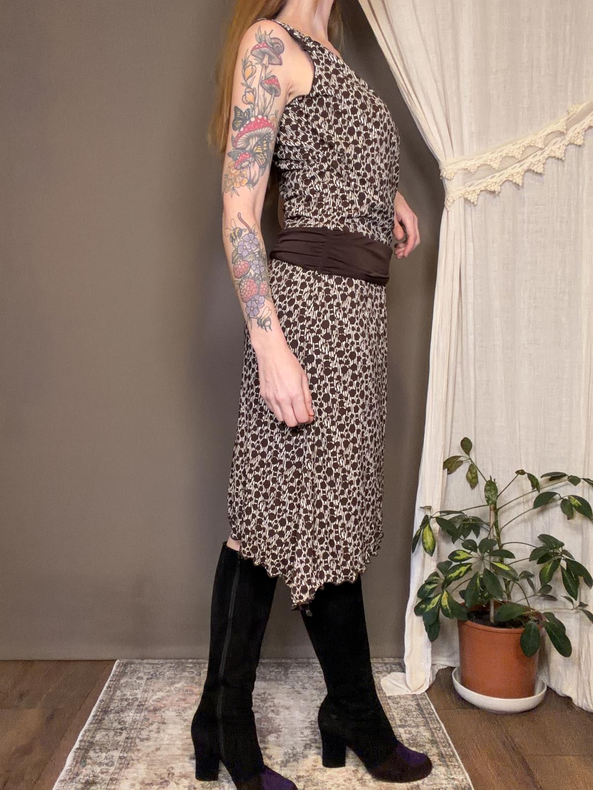 Vintage Y2K Summer Dress with Low Tie Waist Brown Cream Midi Dress Size 12