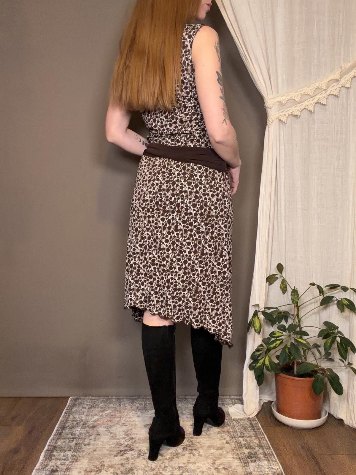 Vintage Y2K Summer Dress with Low Tie Waist Brown Cream Midi Dress Size 12