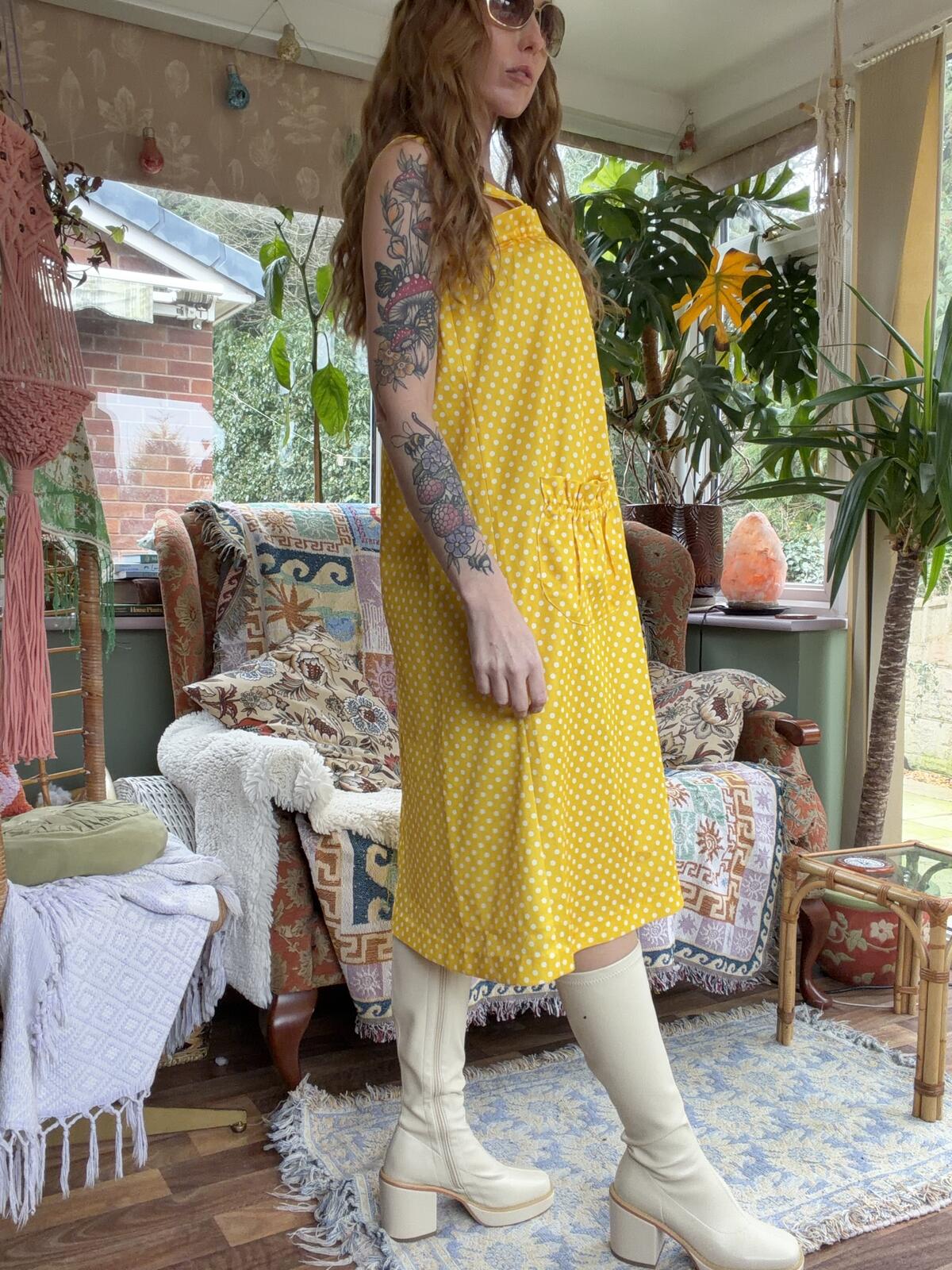 Vintage 1960s Beach Dress Size 10 Yellow Polka Dot Sleeveless Dress with Pockets
