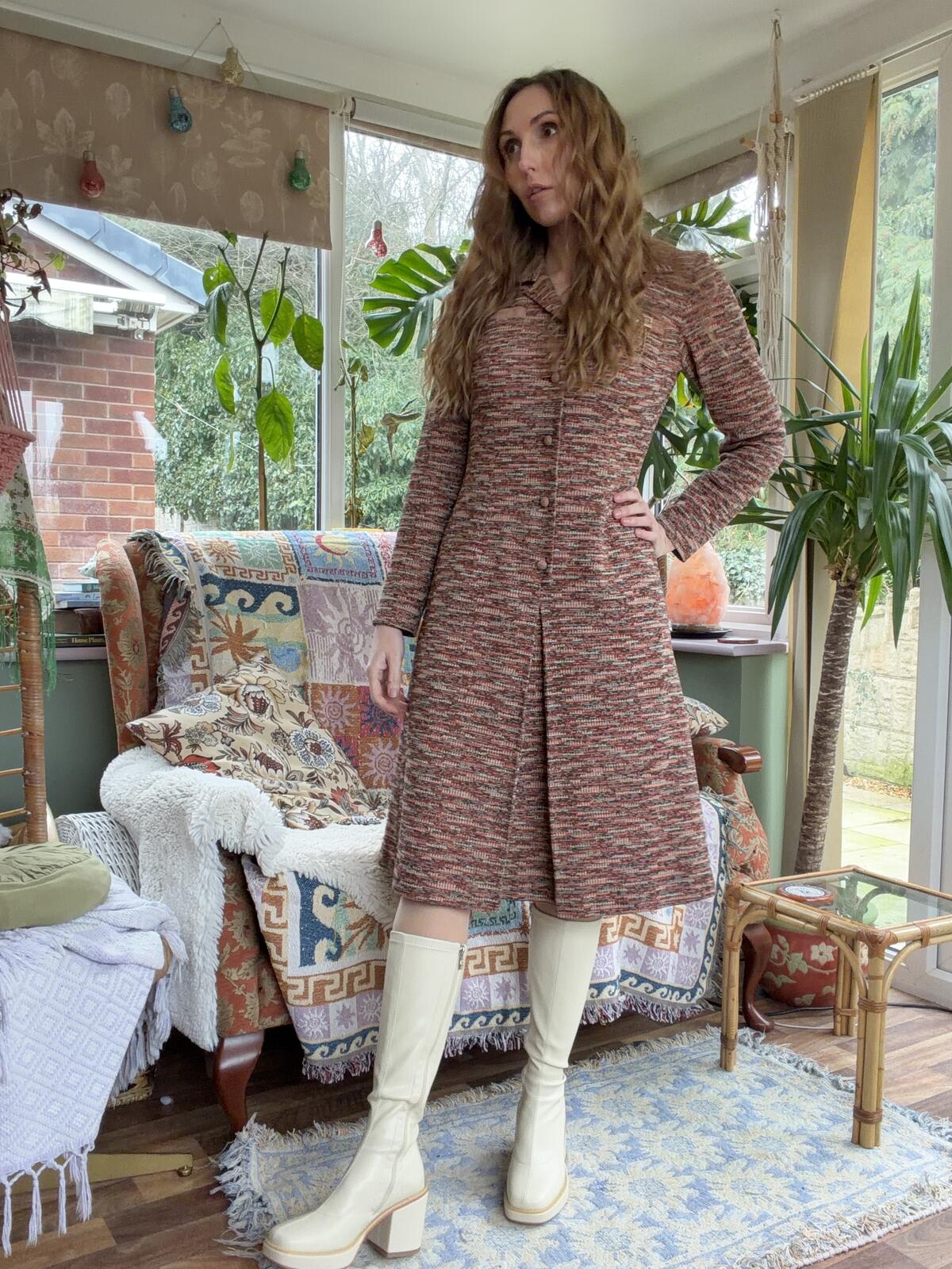 Vintage 1970s Shirt Dress Brown Size 12 Long Sleeve Button Front Knit Dress