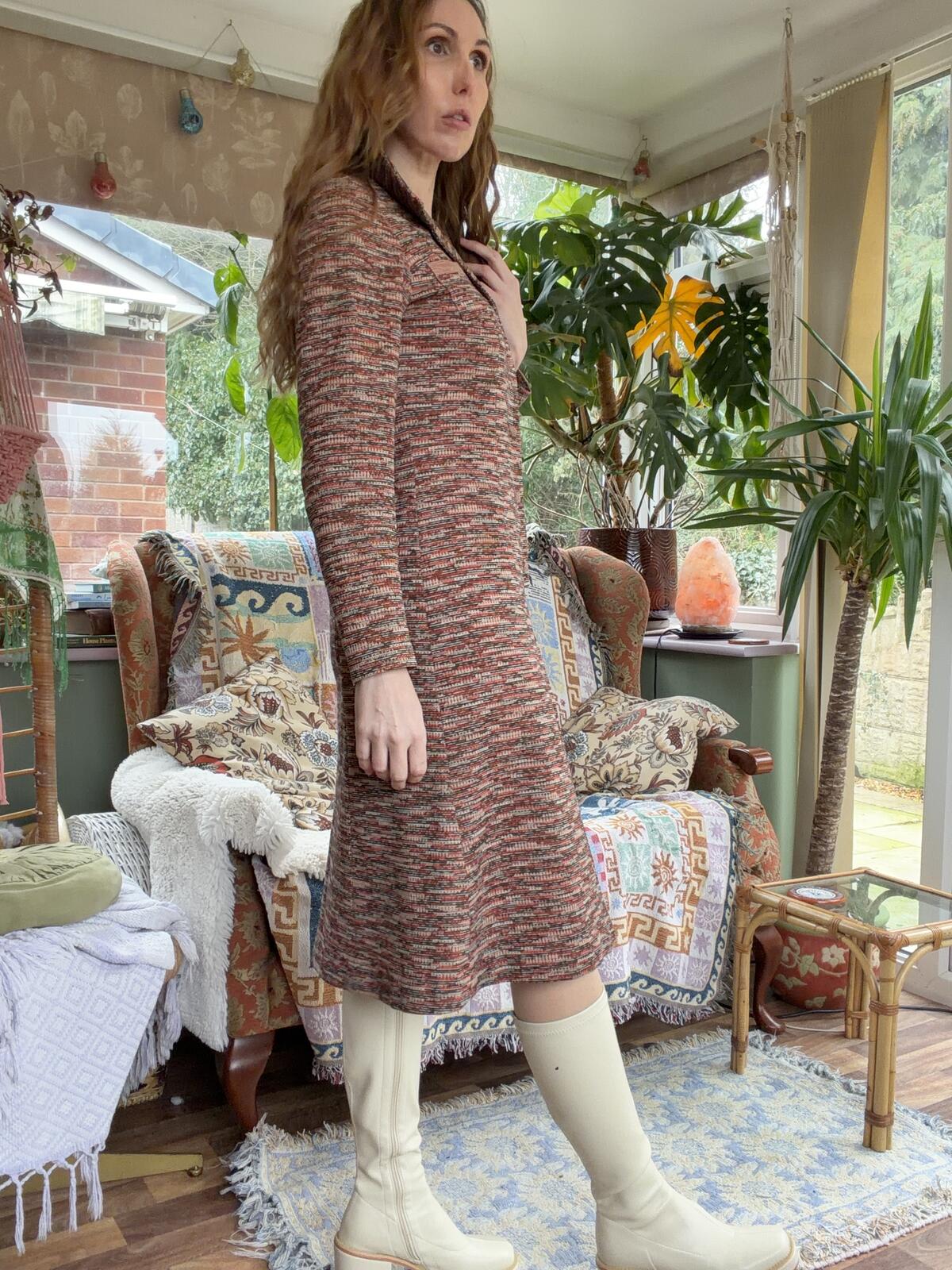 Vintage 1970s Shirt Dress Brown Size 12 Long Sleeve Button Front Knit Dress