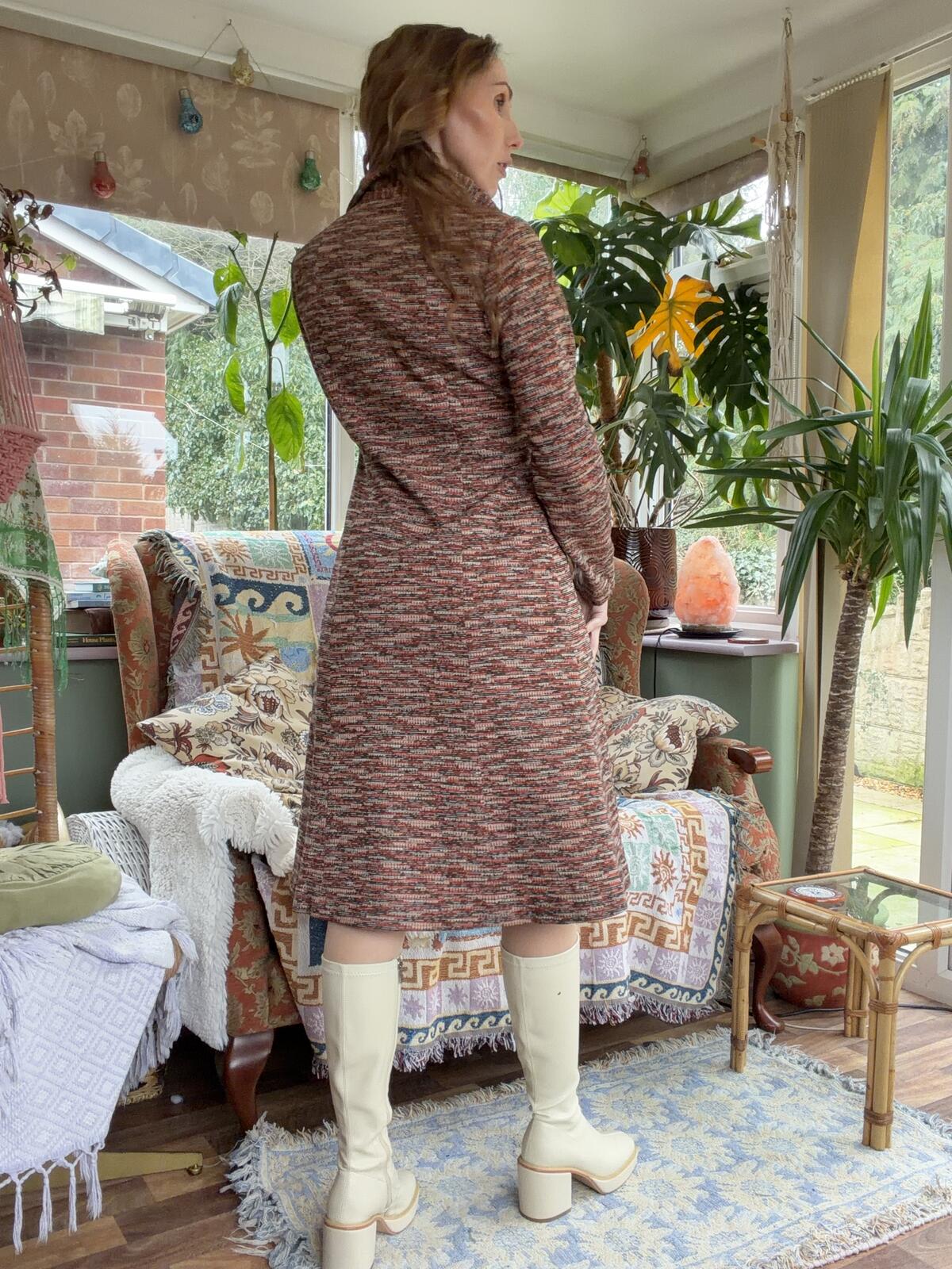 Vintage 1970s Shirt Dress Brown Size 12 Long Sleeve Button Front Knit Dress