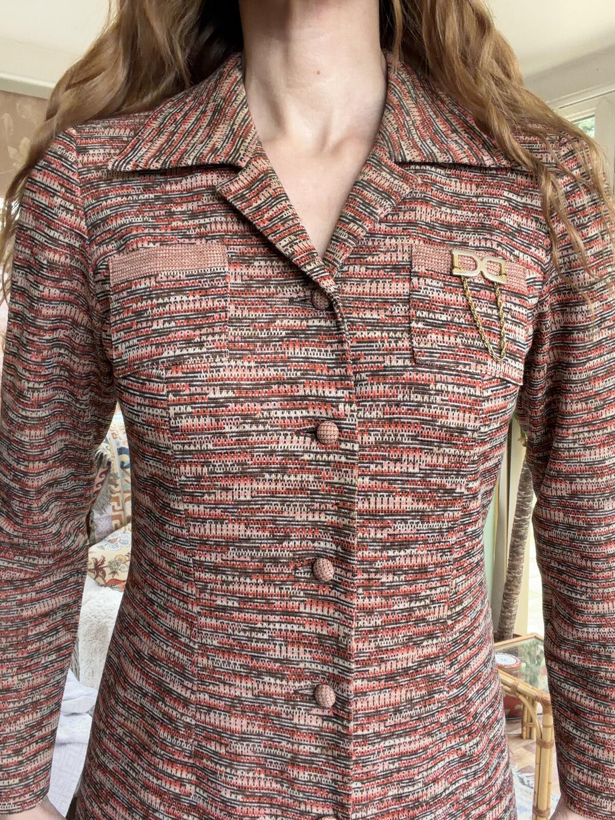 Vintage 1970s Shirt Dress Brown Size 12 Long Sleeve Button Front Knit Dress