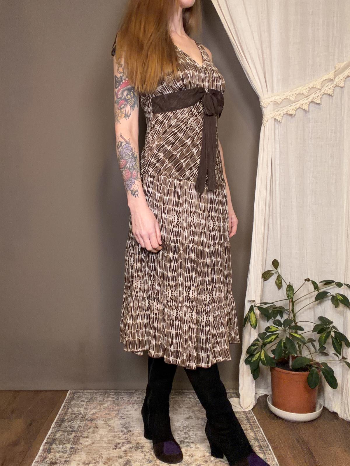 Vintage Y2K Summer Dress Brown Patterned Midi Dress with Tie Waist Size 10