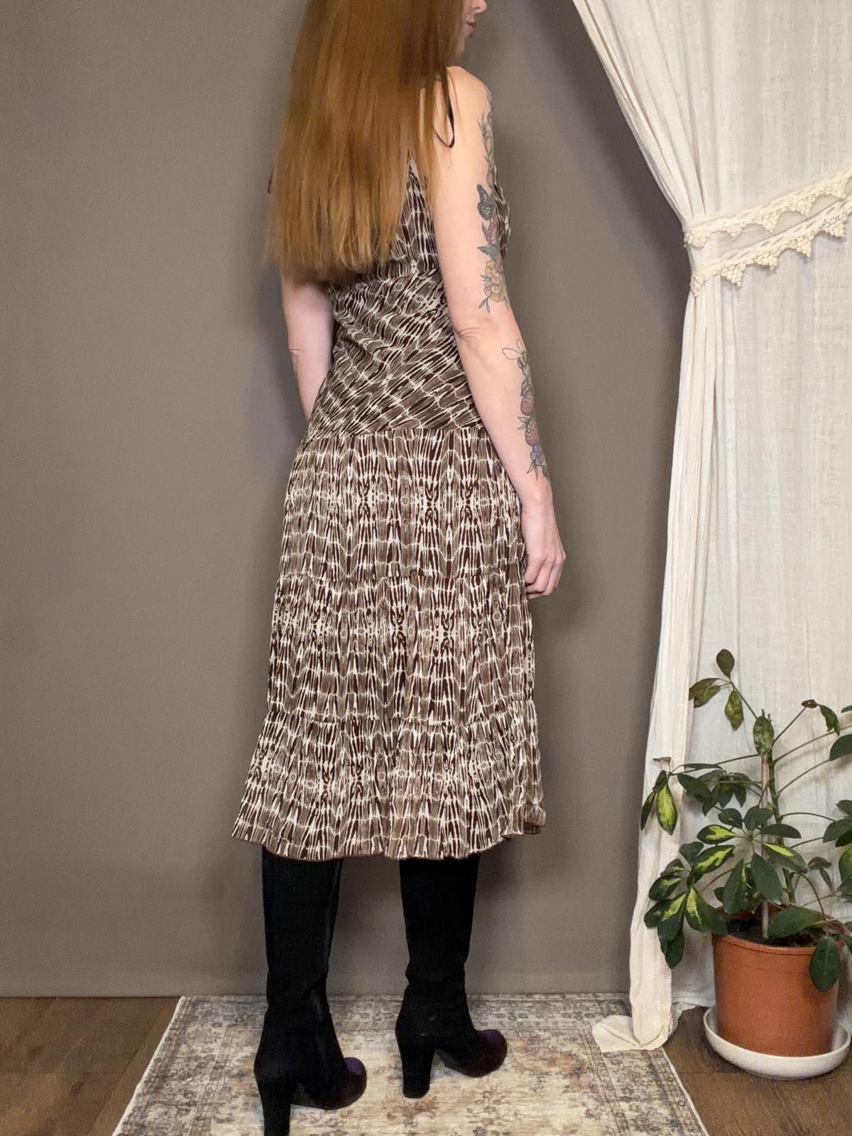 Vintage Y2K Summer Dress Brown Patterned Midi Dress with Tie Waist Size 10