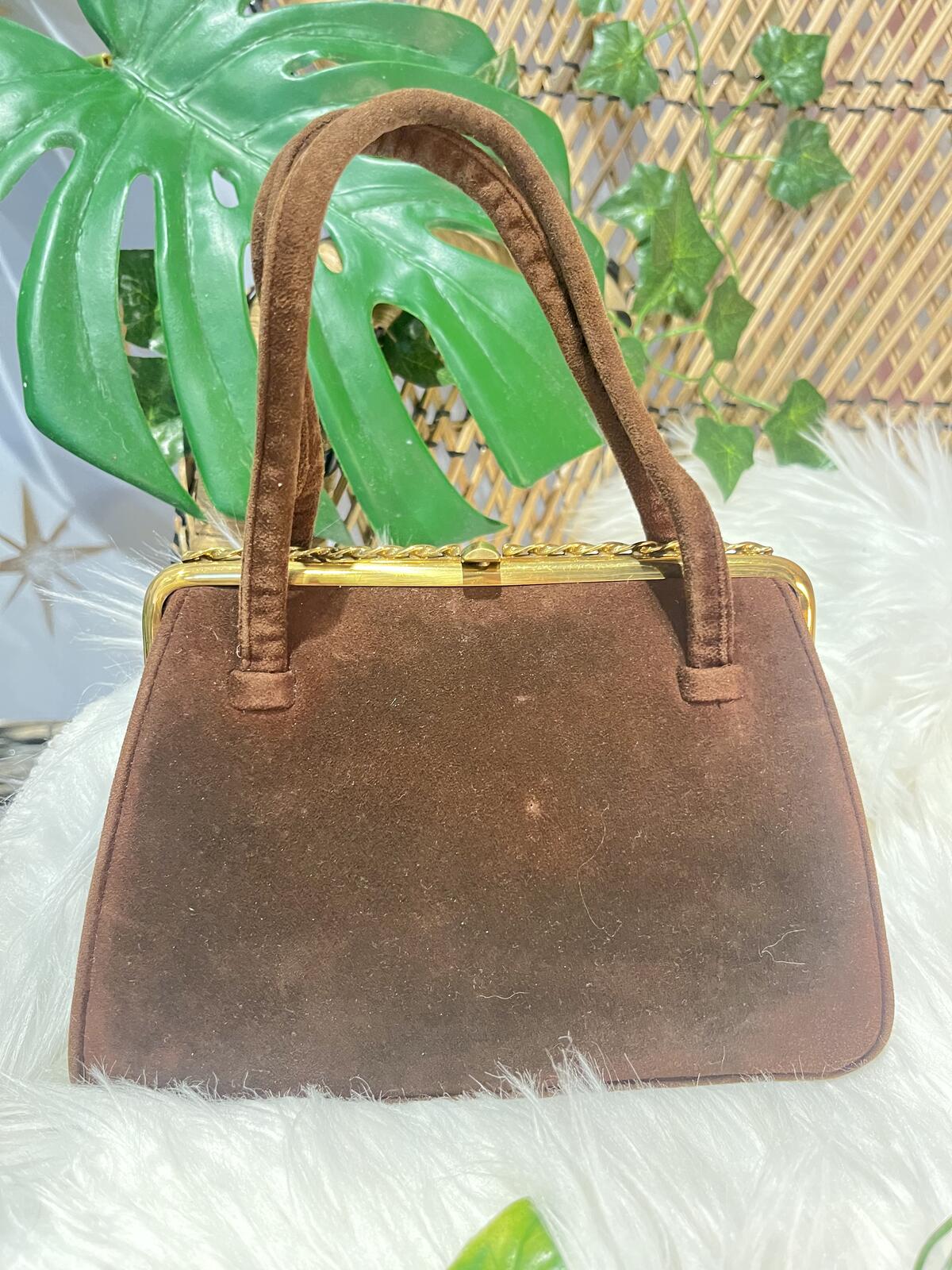 Vintage Brown Suede Handbag Small Size with Gold Frame Retro 1960s Bag