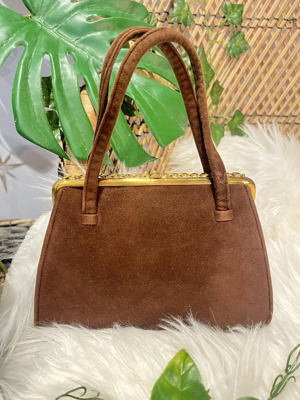 Vintage Brown Suede Handbag Small Size with Gold Frame Retro 1960s Bag