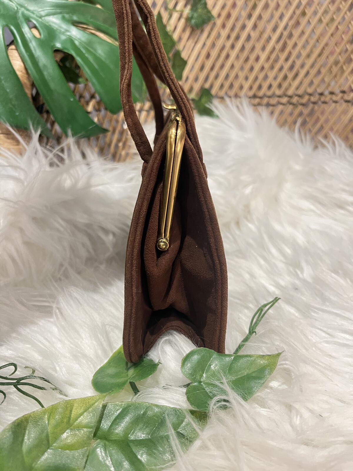 Vintage Brown Suede Handbag Small Size with Gold Frame Retro 1960s Bag