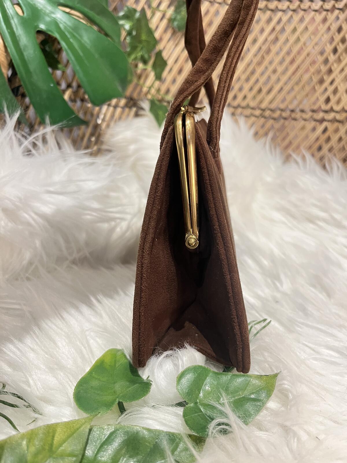 Vintage Brown Suede Handbag Small Size with Gold Frame Retro 1960s Bag