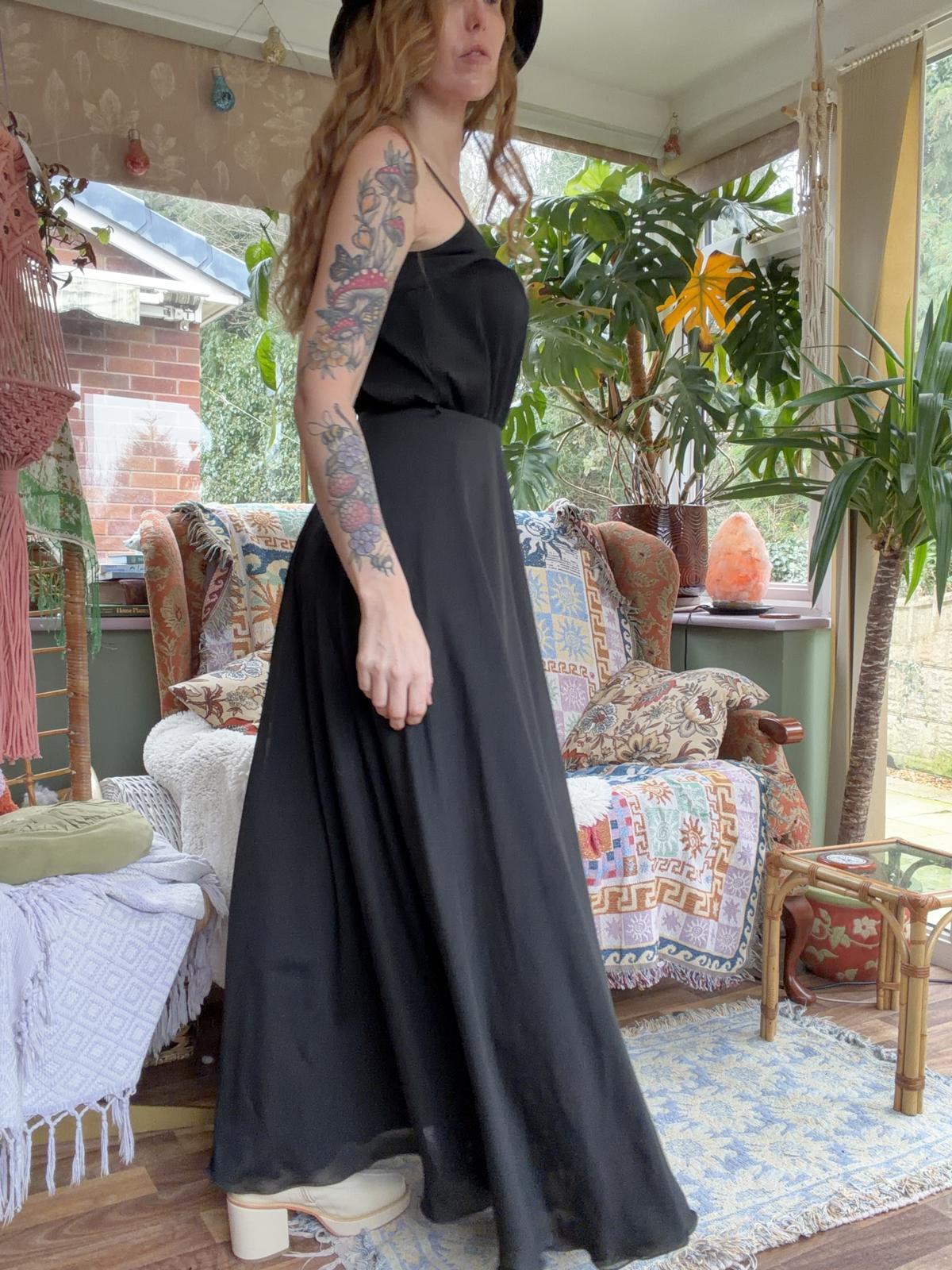 Vintage 1970s Maxi Dress Long Floaty Tie Waist Pleated sheer Bodice Black Size 8