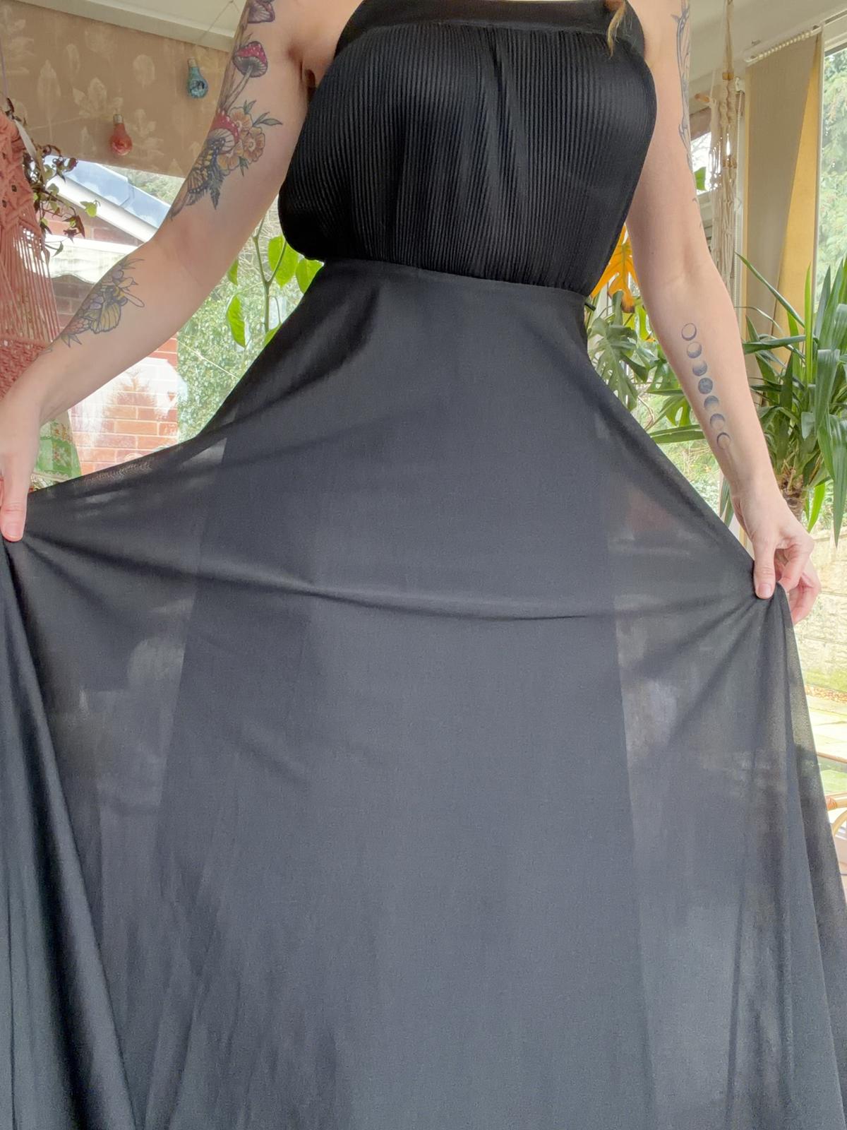 Vintage 1970s Maxi Dress Long Floaty Tie Waist Pleated sheer Bodice Black Size 8