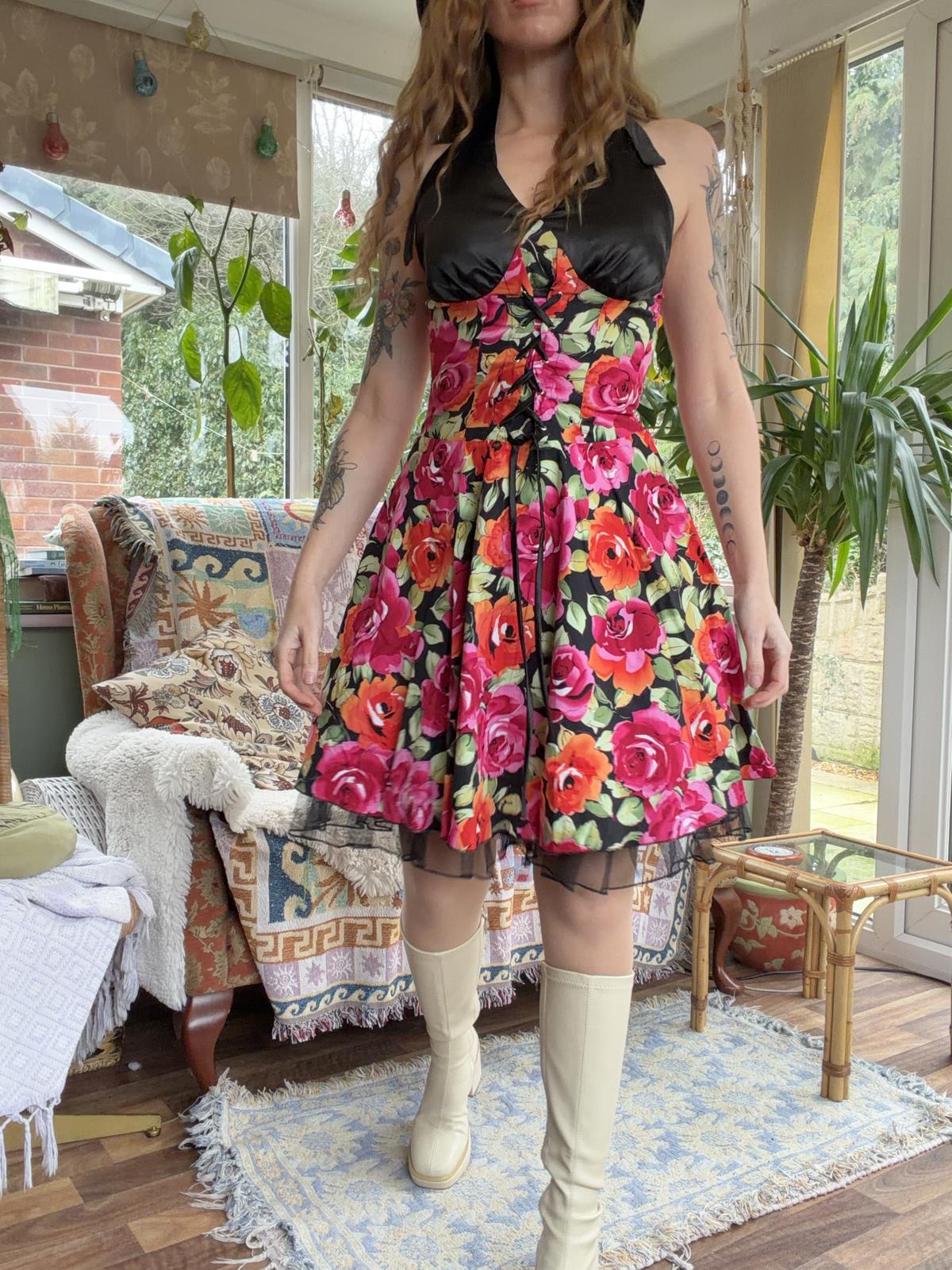 Vintage Y2K Summer Dress Halterneck Corset Floral Frilly Dress Pink Size 8